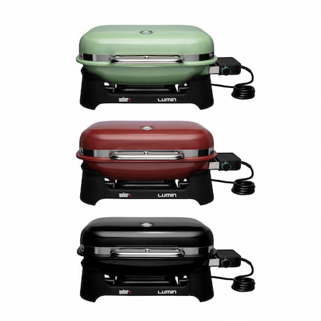 Die Lumin-Elektrogrills von Weber in Schwarz, Rot, Mintgrün