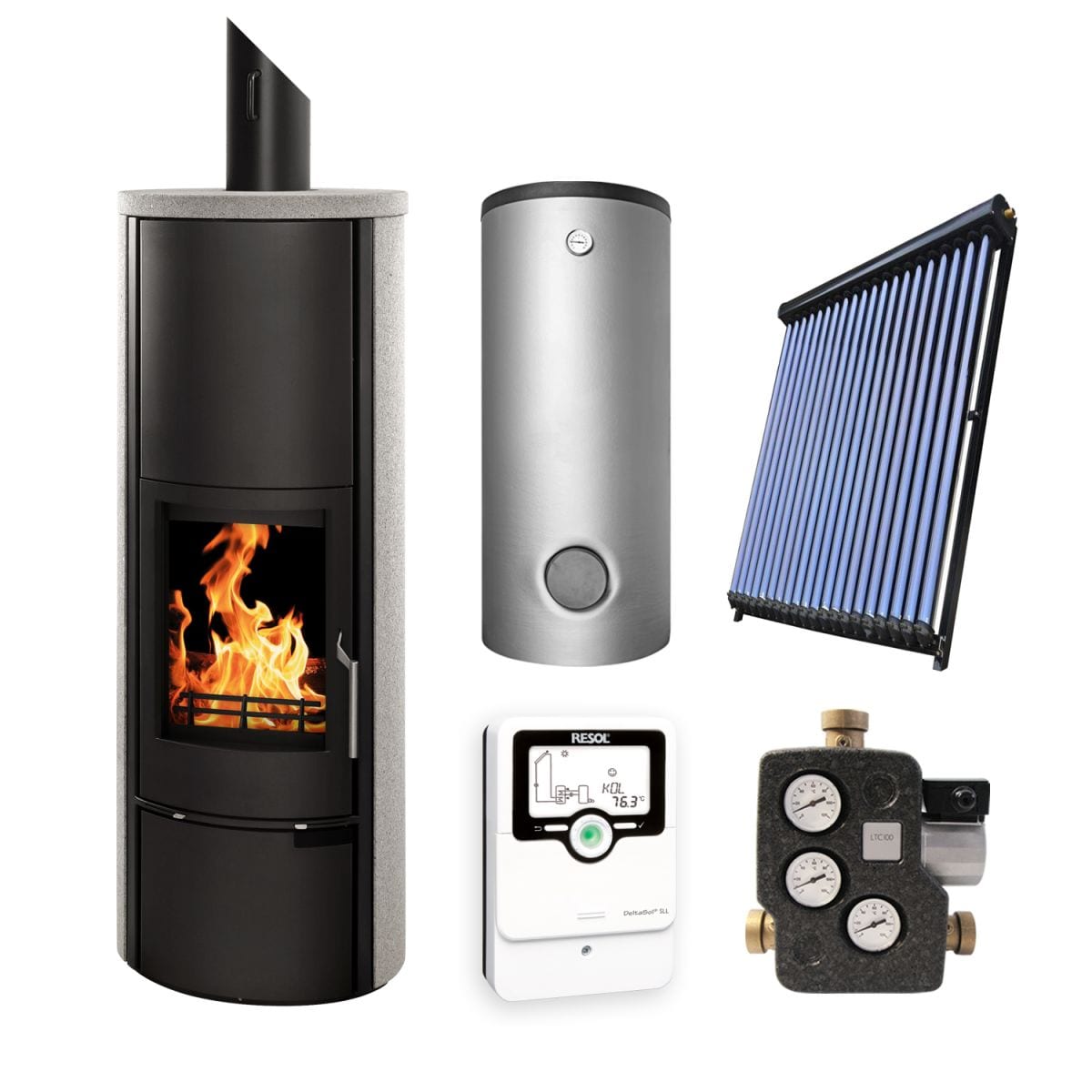 Wasserführender Kaminofen Vitoria Amber im Komplett-Set + Solarthermie-Set im Kamin-Shop von kamdi24 Wasserführender Kaminofen Vitoria Amber im Komplett-Set + Solarthermie-Set im Kamin-Shop von kamdi24