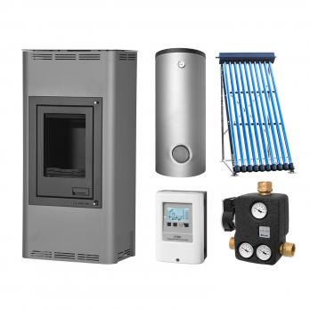 Aquaflam 12 Basic Grey Wasserführender Kaminofen Komplett-Set + Solarthermie-Set 2 (11 m²) + Hygienespeicher SHS 550 + 1 SWT
