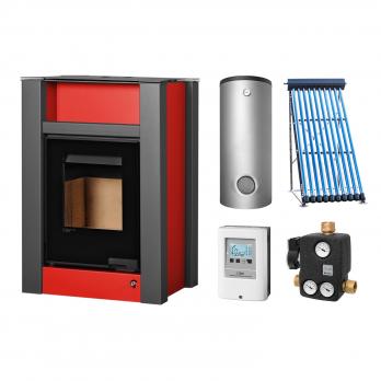 Aquaflam Vario Lend Basic Red Wasserführender Kaminofen Komplett-Set + Solarthermie-Set 2 (11 m²) + Hygienespeicher SHS 550 + 1 SWT