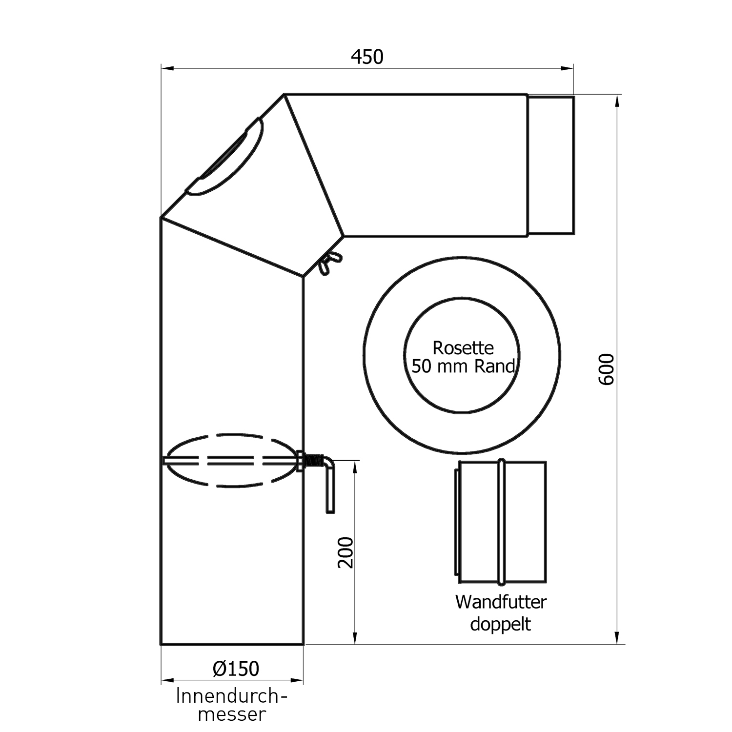 Raik Basic Rauchrohrbogen-Set 150mm gussgrau 2-teilig – eckig B-Ware