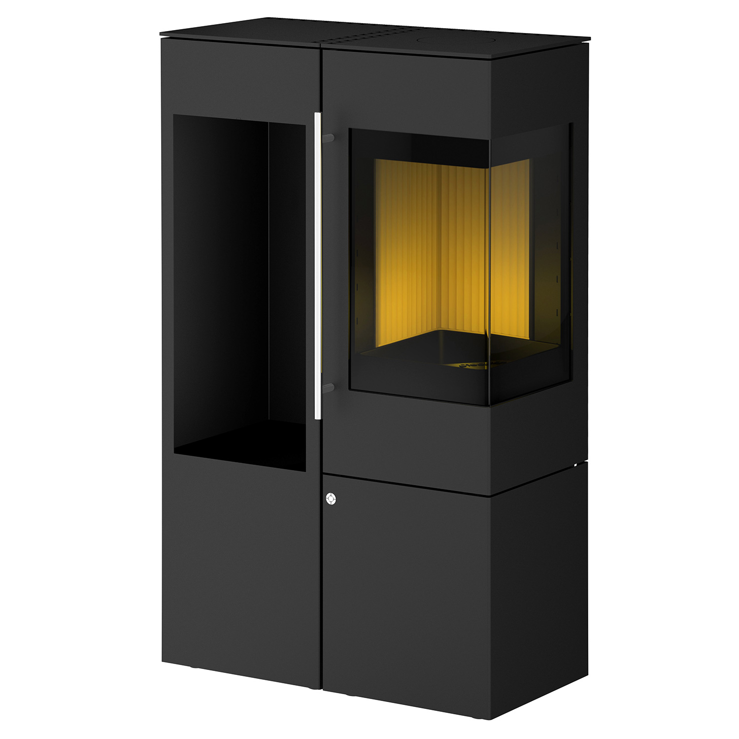 Olsberg Ipala Smart Compact Kaminofen Stahl schwarz, Türanschlag rechts, Stahltür mit Holzregal links