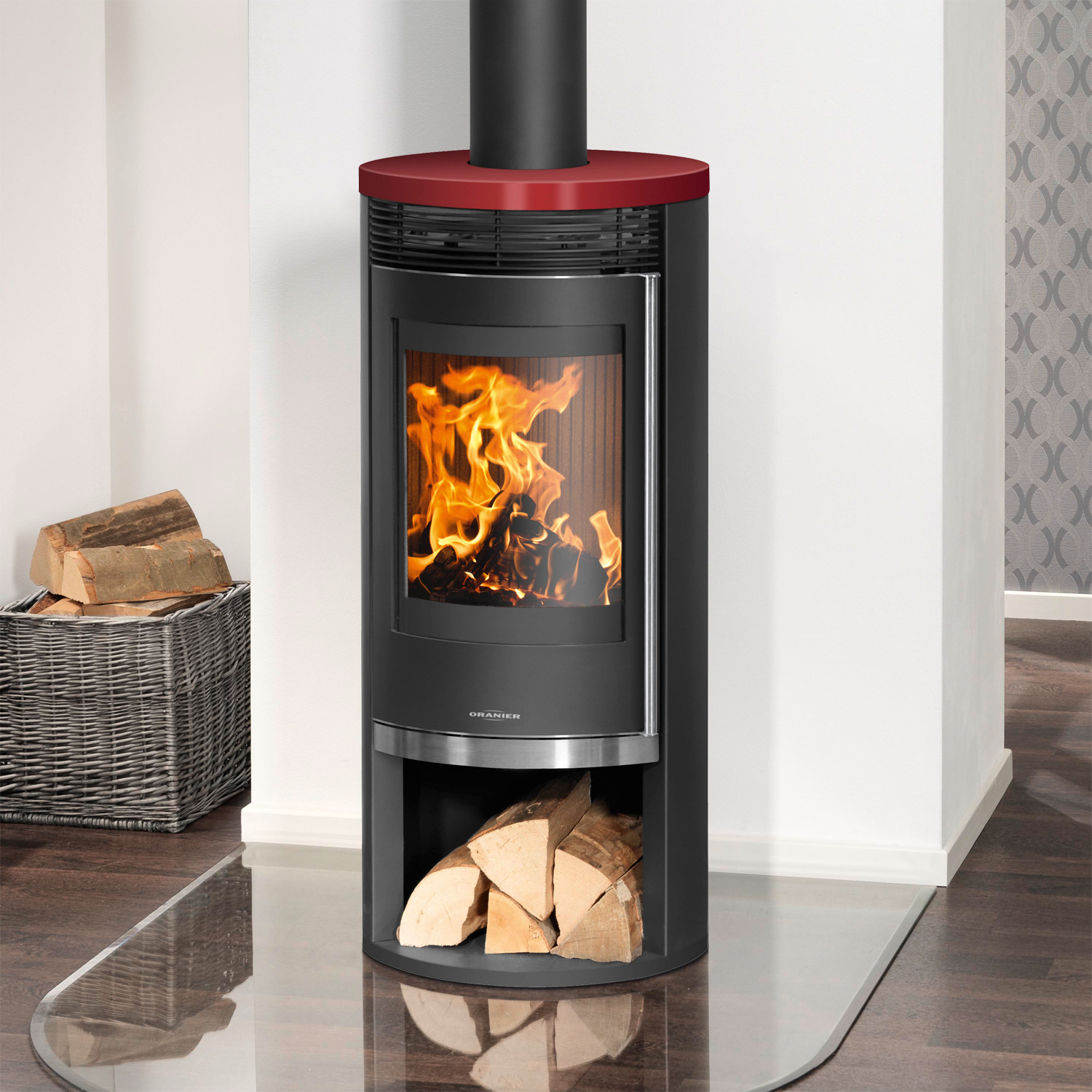 Oranier Rota 2.0 Kaminofen Stahl Schwarz mit Abdeckplatte Keramik Bordeauxrot