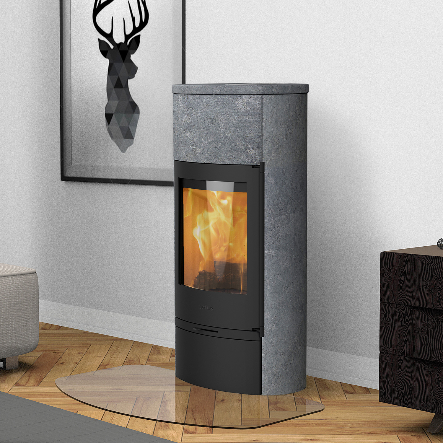 Lotus Jubilee 35M Kaminofen Schwarz/ Speckstein, Rauchabgang hinten + 1 m³ Kaminholz gratis