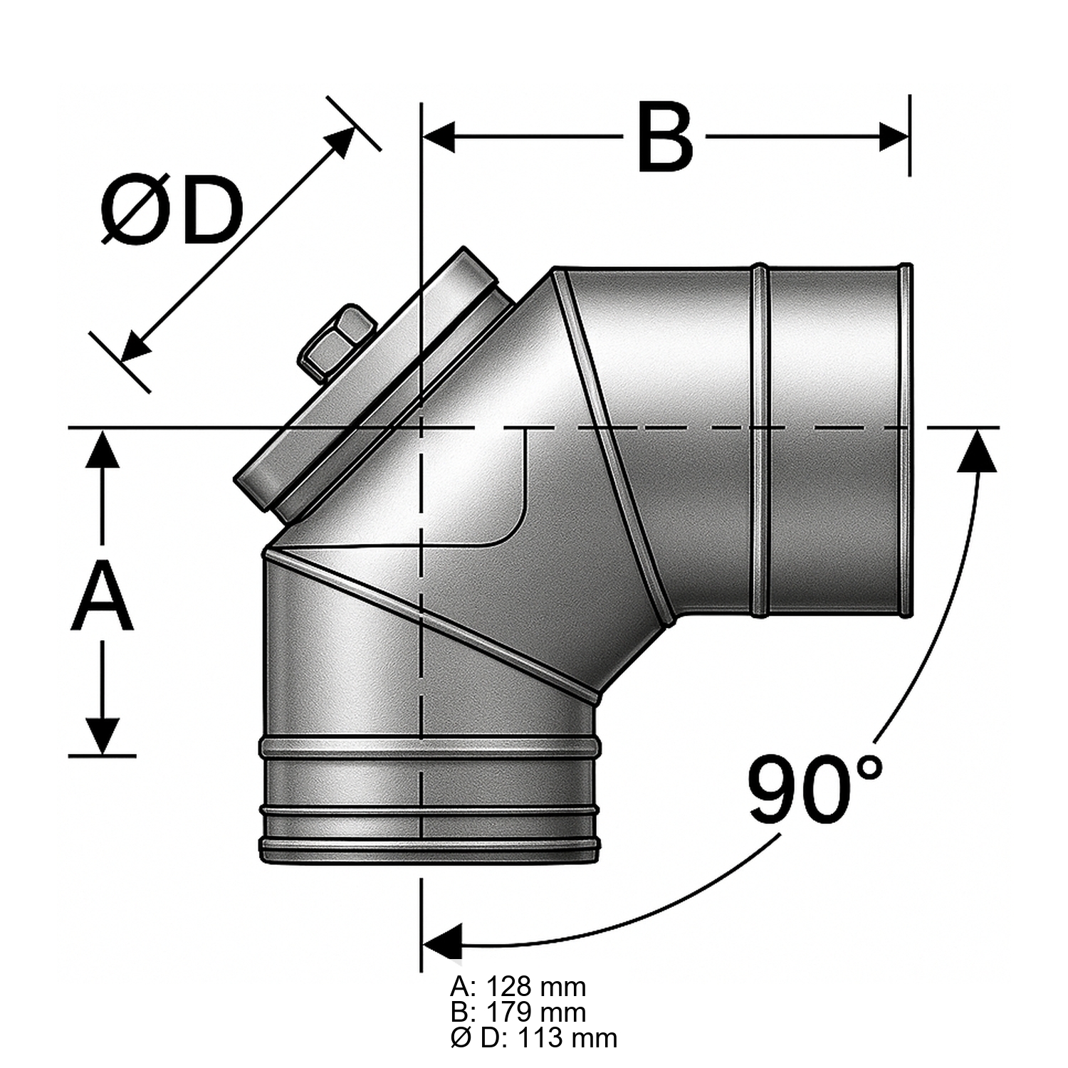 Schiedel PRIMA PLUS Bogen 90° Ø113 mm mit Revisionsverschluss für Festbrennstoffe einwandig matt