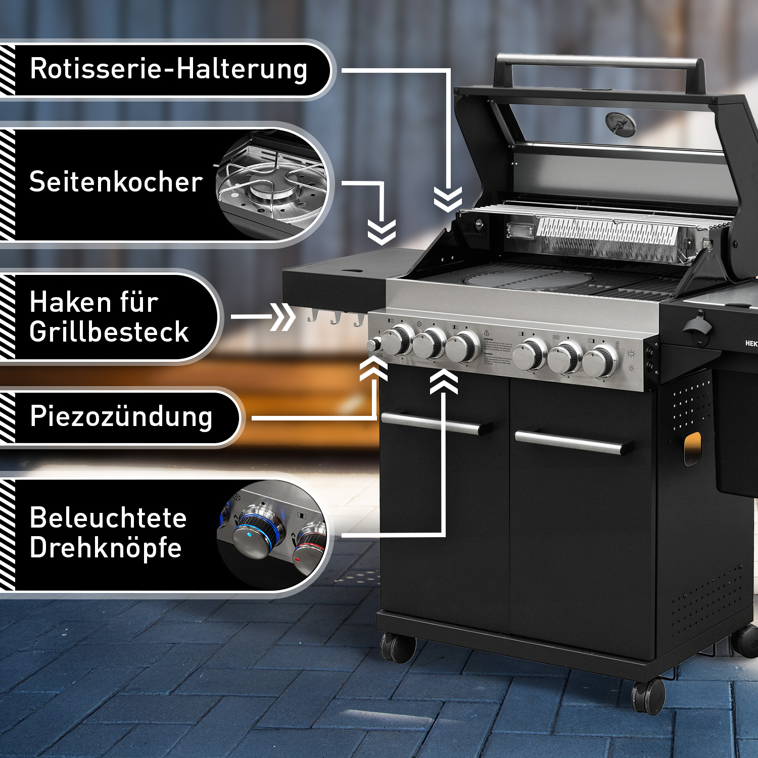 FEUERGOTT Gas-Grillstation Hektor 4B-S BBQ Set mit Abdeckhaube, Drehspieß, 3 Brenner, Infrarotbrenner, Heckbrenner, Seitenkocher und Grillzubehör