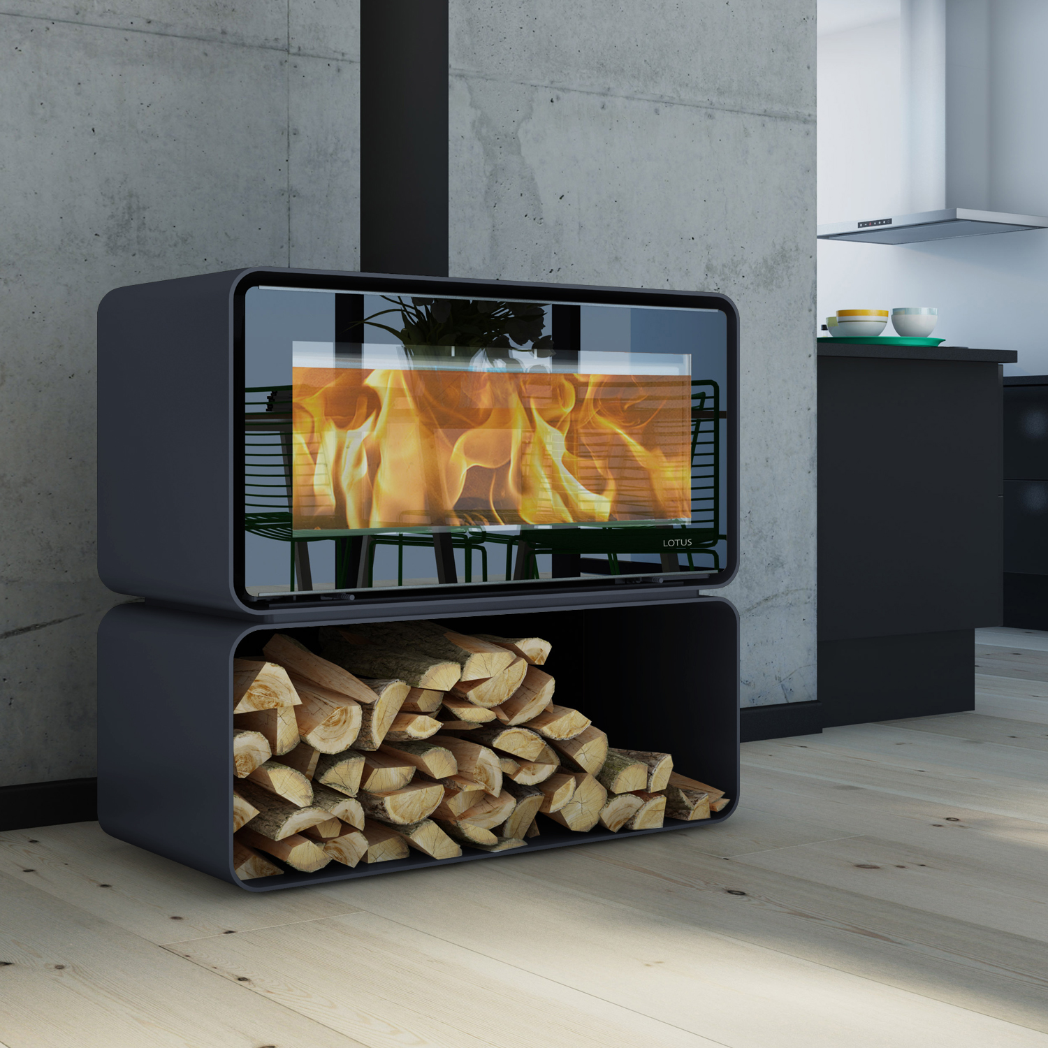 Lotus Living Cube Kaminofen Ocean Dark, Rauchabgang oben