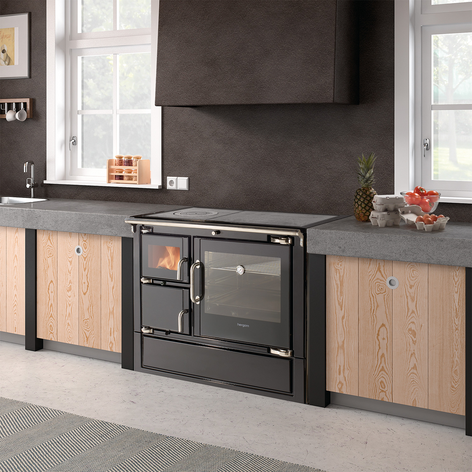 Hergom Eclecsys 100 SE Küchenofen Gusseisen schwarz, Herdplatte Gusseisen, RR hinten