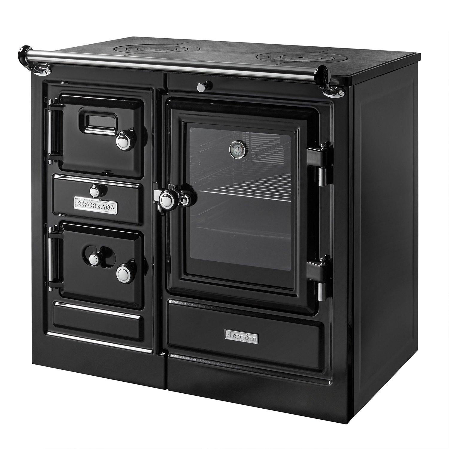 Hergom Saja 7/90 CC SE wasserführender Küchenofen Gusseisen schwarz, Herdplatte Gusseisen, RR hinten