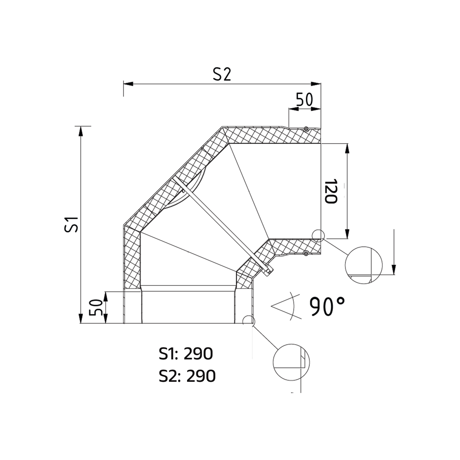 Raik Bogen LS DUO Durchmesser 120/90° eingezogen 3-tlg 290/290 mit eingelegter Tür und Dichtung schwarz