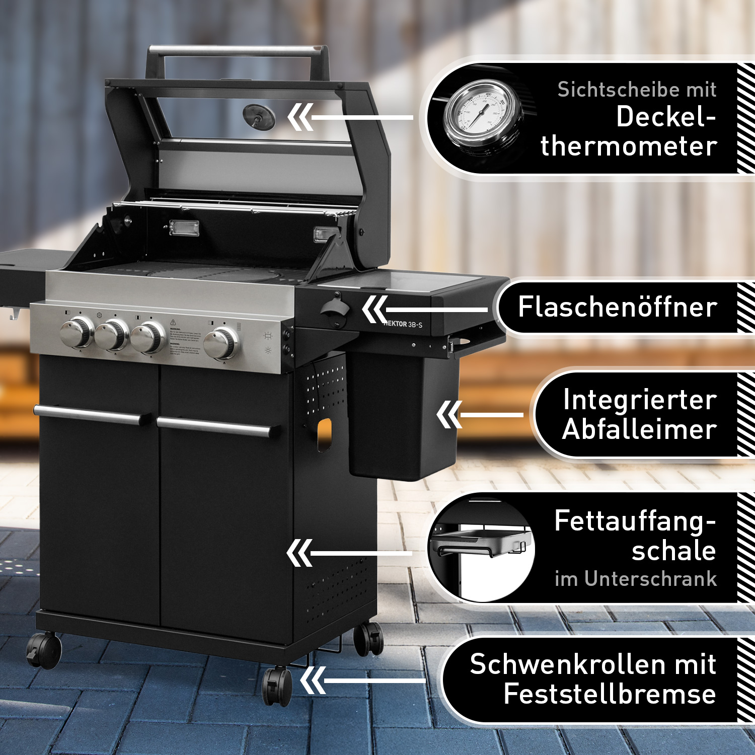 Feuergott Gas-Grillstation Hektor 3B-S All Inclusive mit Abdeckhaube, Drehspieß und 4-teiligem Grillbesteck