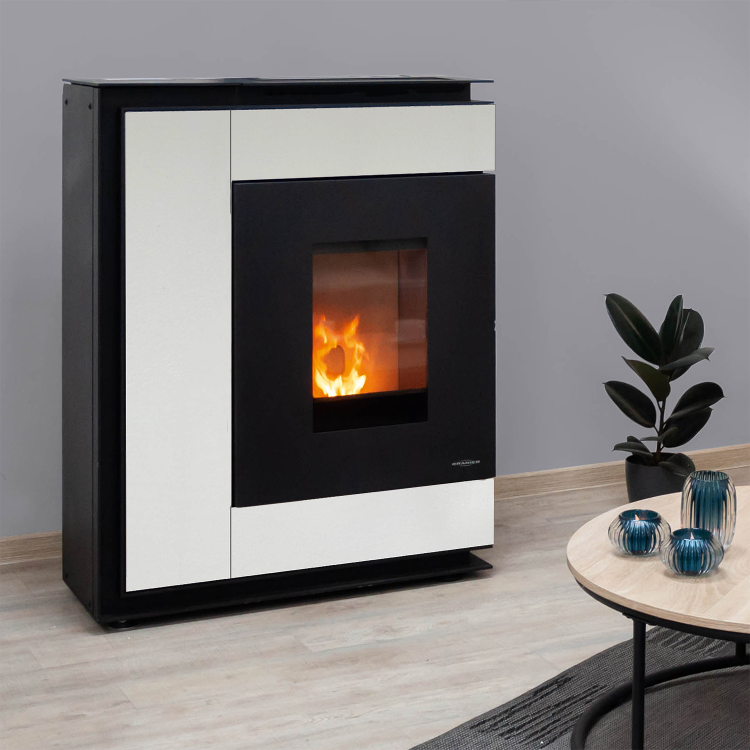 Oranier Boreas Aqua Wasserführender Pelletofen Sintered Stone Seidenweiß, Rauchabgang hinten Oranier Boreas Aqua Wasserführender Pelletofen Sintered Stone Seidenweiß, Rauchabgang hinten