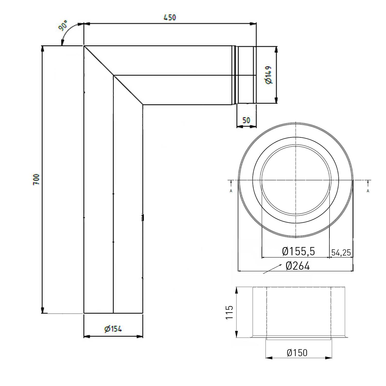 Raik Lifestyle Set Winkelbogen 150mm grau 90° 2-tlg mit Tür (700x450) für Rauchrohr / Ofenrohr
