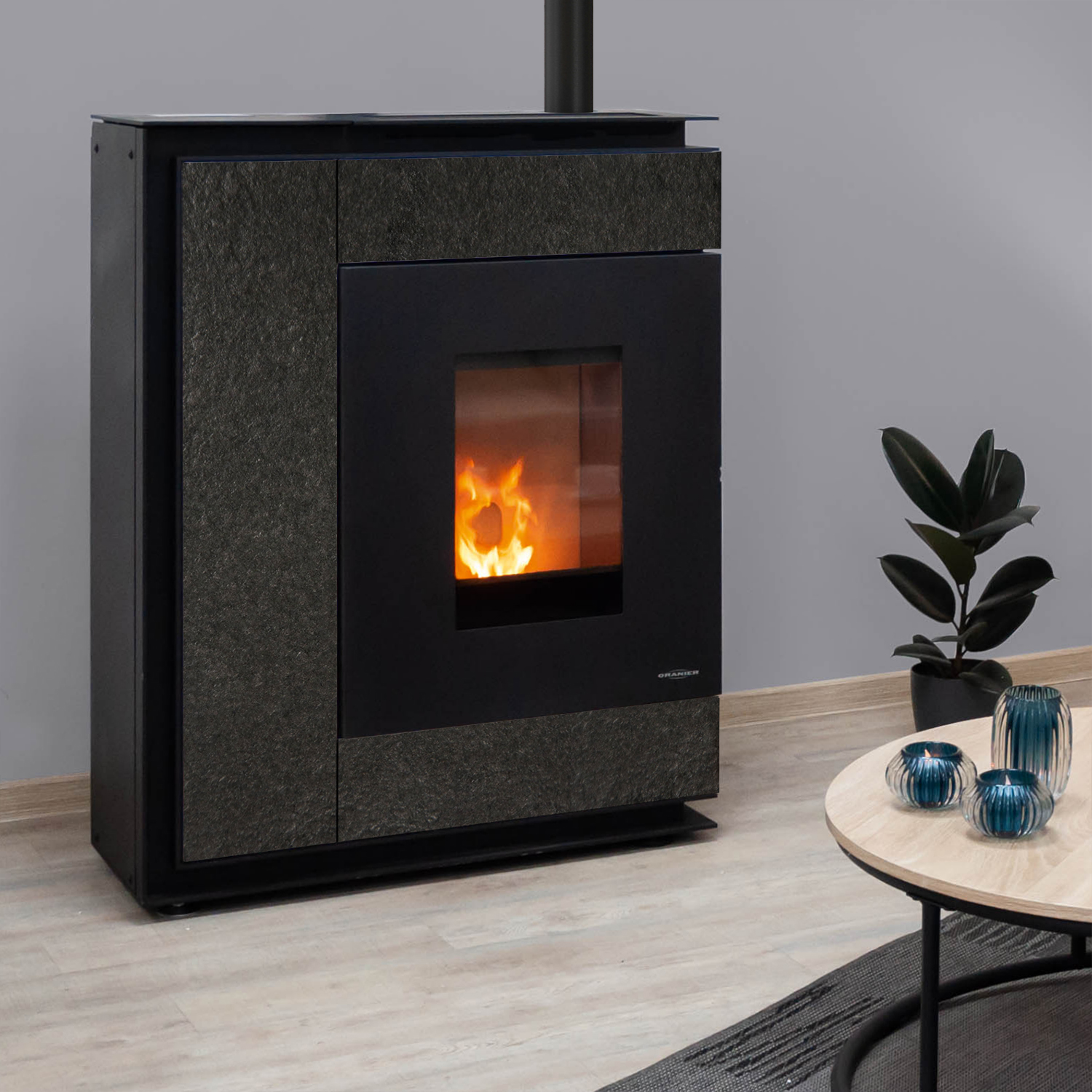 Oranier Boreas Aqua Wasserführender Pelletofen Sintered Stone Schiefer, Rauchabgang oben