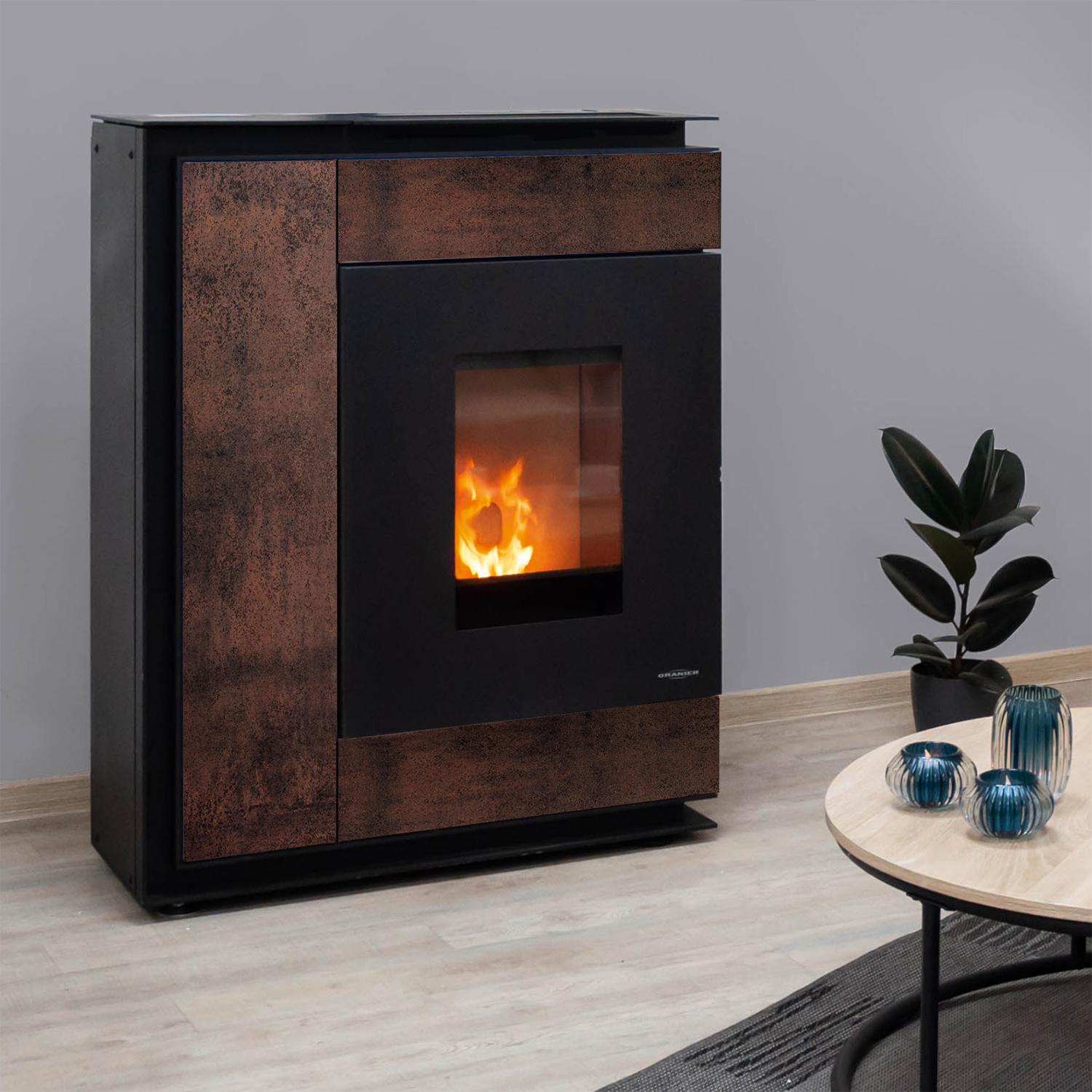 Oranier Boreas Aqua Wasserführender Pelletofen Sintered Stone Korten, Rauchabgang hinten Oranier Boreas Aqua Wasserführender Pelletofen Sintered Stone Korten, Rauchabgang hinten