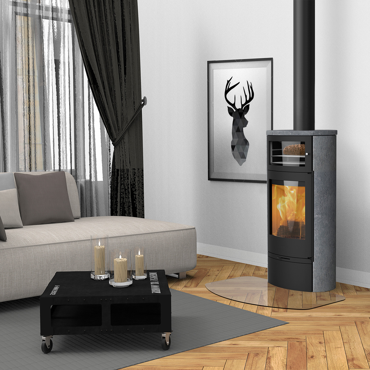 Lotus Jubilee 35 Kaminofen Schwarz / Speckstein mit Warmhaltefach, RR hinten od. RR oben
