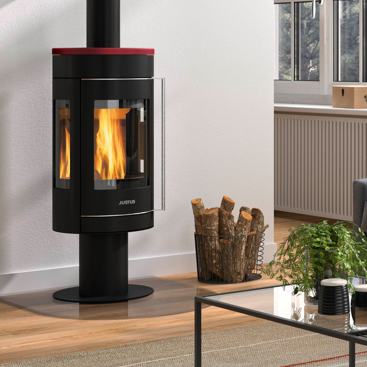 Justus Meva Kaminofen Stahl Schwarz / Topplatte Keramik Bordeauxrot