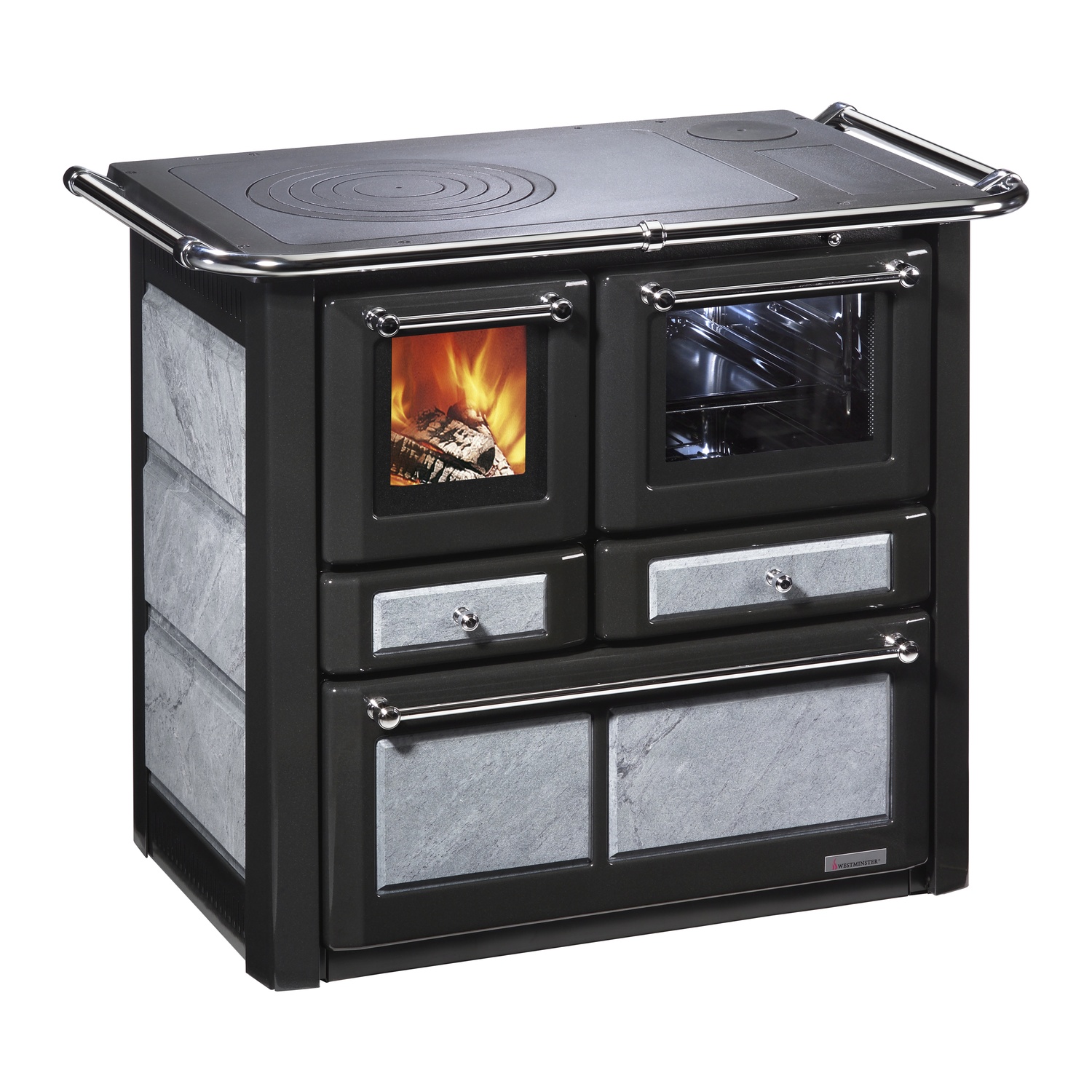 Westminster Holzherd K 85 F II Rauchrohranschluss Naturstein links