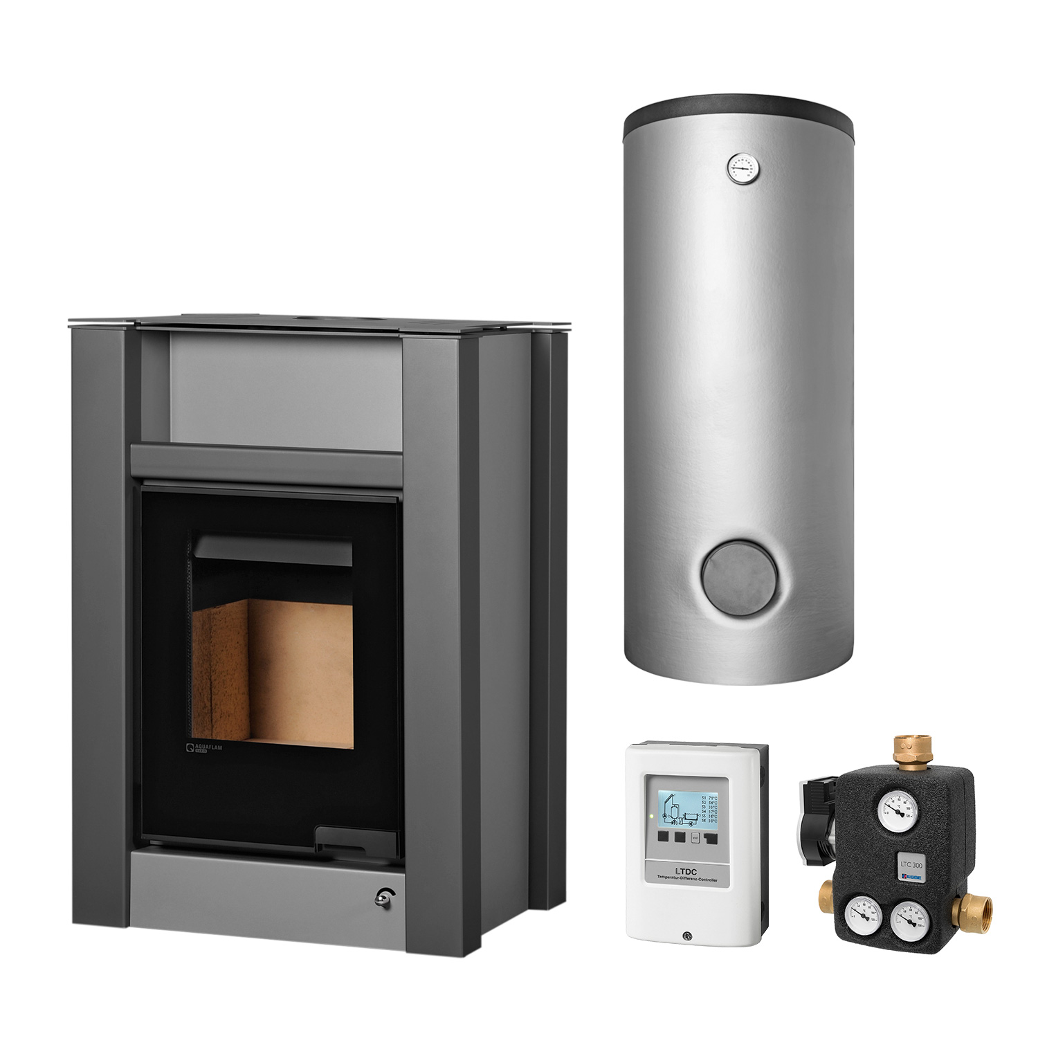 Aquaflam Vario Lend 11 kW Basic Wasserführender Kaminofen Grey Komplett-Set Kombispeicher THKE/F 600 Aquaflam Vario Lend 11 kW Basic Wasserführender Kaminofen Grey Komplett-Set Kombispeicher THKE/F 600