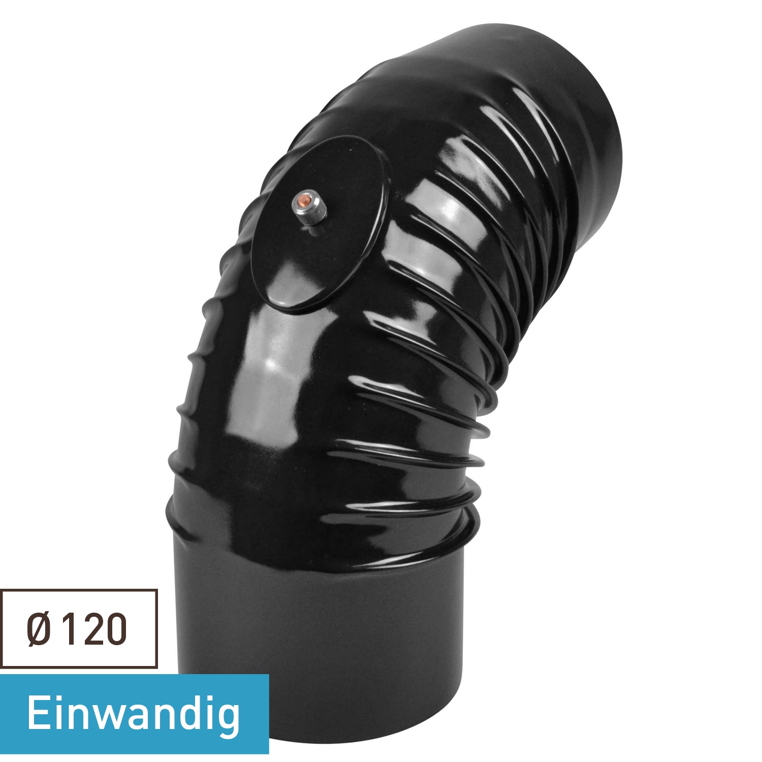 Raik Rauchrohrbogen / Ofenrohrbogen Emaille 120mm - 90° Bogen gerippt Schwarz mit Reinigungsöffnung