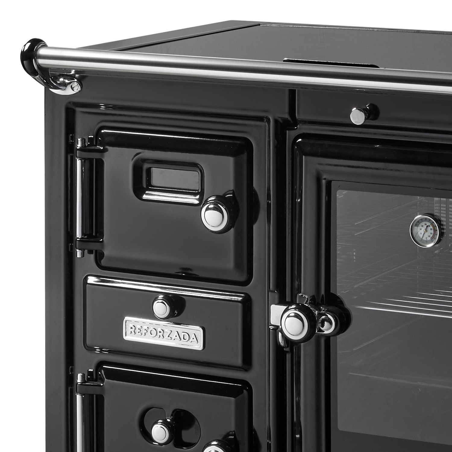 Hergom Saja 7/90 CC SE wasserführender Küchenofen Gusseisen schwarz, Herdplatte Glaskeramik, RR hinten