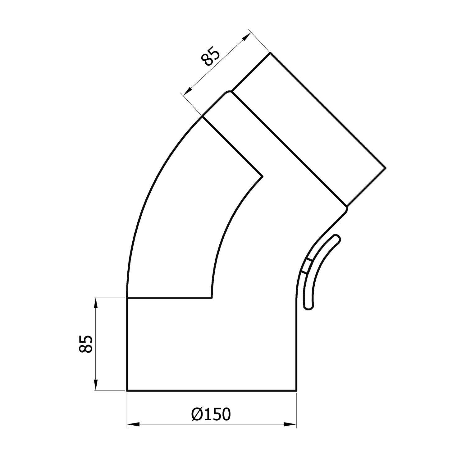 Raik Basic Rauchrohrbogen 150mm schwarz 45° gezogen mit Tür für Rauchrohr / Ofenrohr