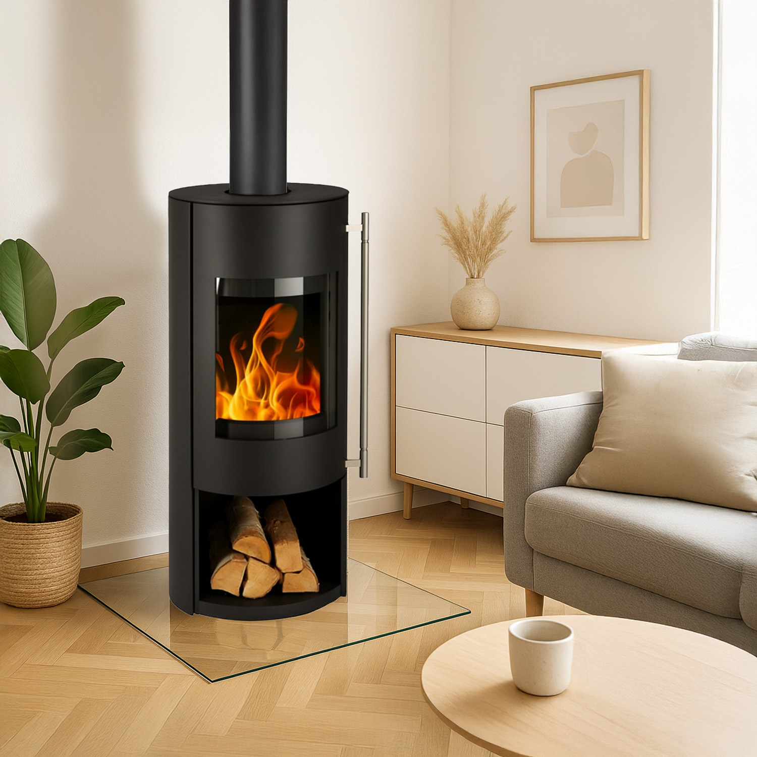 Haas+Sohn GRASSE Stahl Kaminofen tief-schwarz mit Holzfach ohne Türe