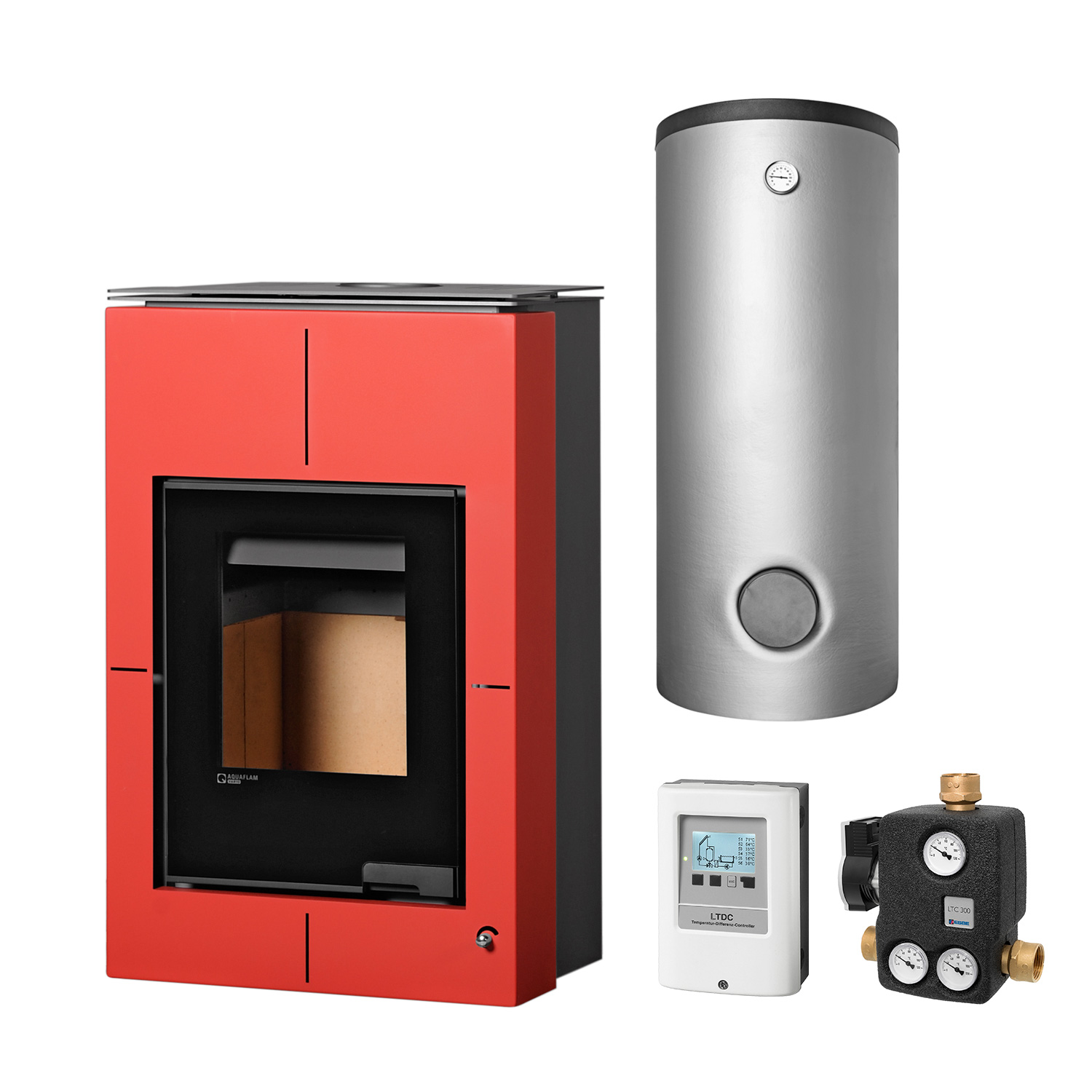 Aquaflam Vario Saporo 11 kW Basic Wasserführender Kaminofen Red Komplett-Set Pufferspeicher TPSM 500