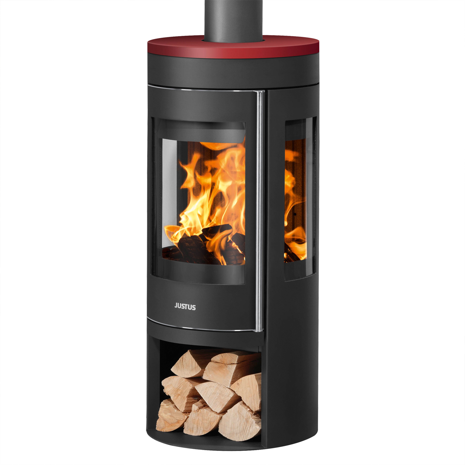 Justus Mino Trios 2.0 Kaminofen Stahl Schwarz mit Keramik-Abdeckplatte Bordeauxrot