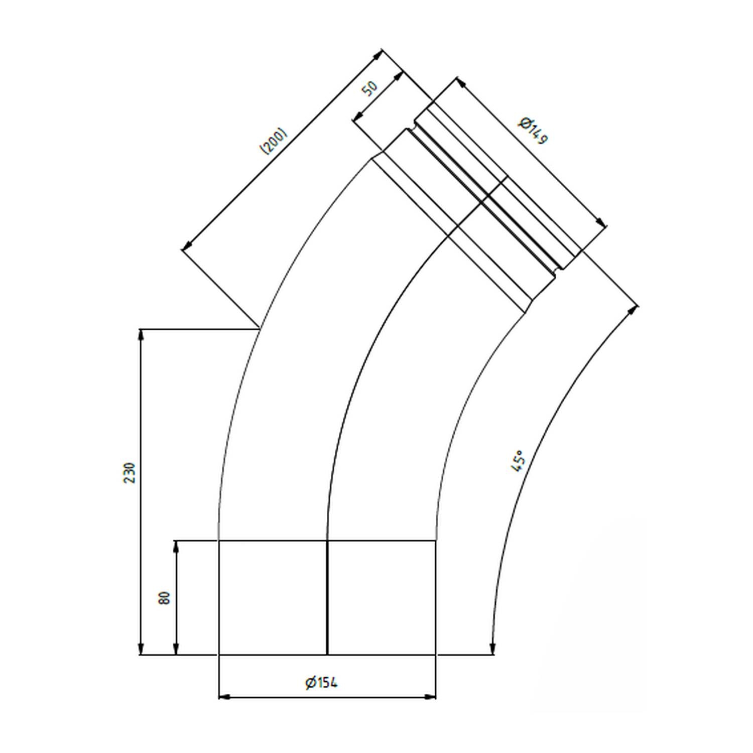 Raik Lifestyle Bogen Durchmesser 150/45° 2,00mm eingezogen glatt mit Dichtung grau für Rauchrohr/ Ofenrohr