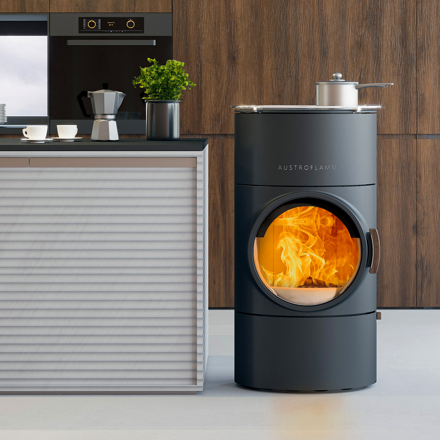 Austroflamm Clou compact Cook Kaminofen Stahl gussgrau, RR hinten + 1 m³ Kaminholz gratis Austroflamm Clou compact Cook Kaminofen Stahl gussgrau, RR hinten + 1 m³ Kaminholz gratis