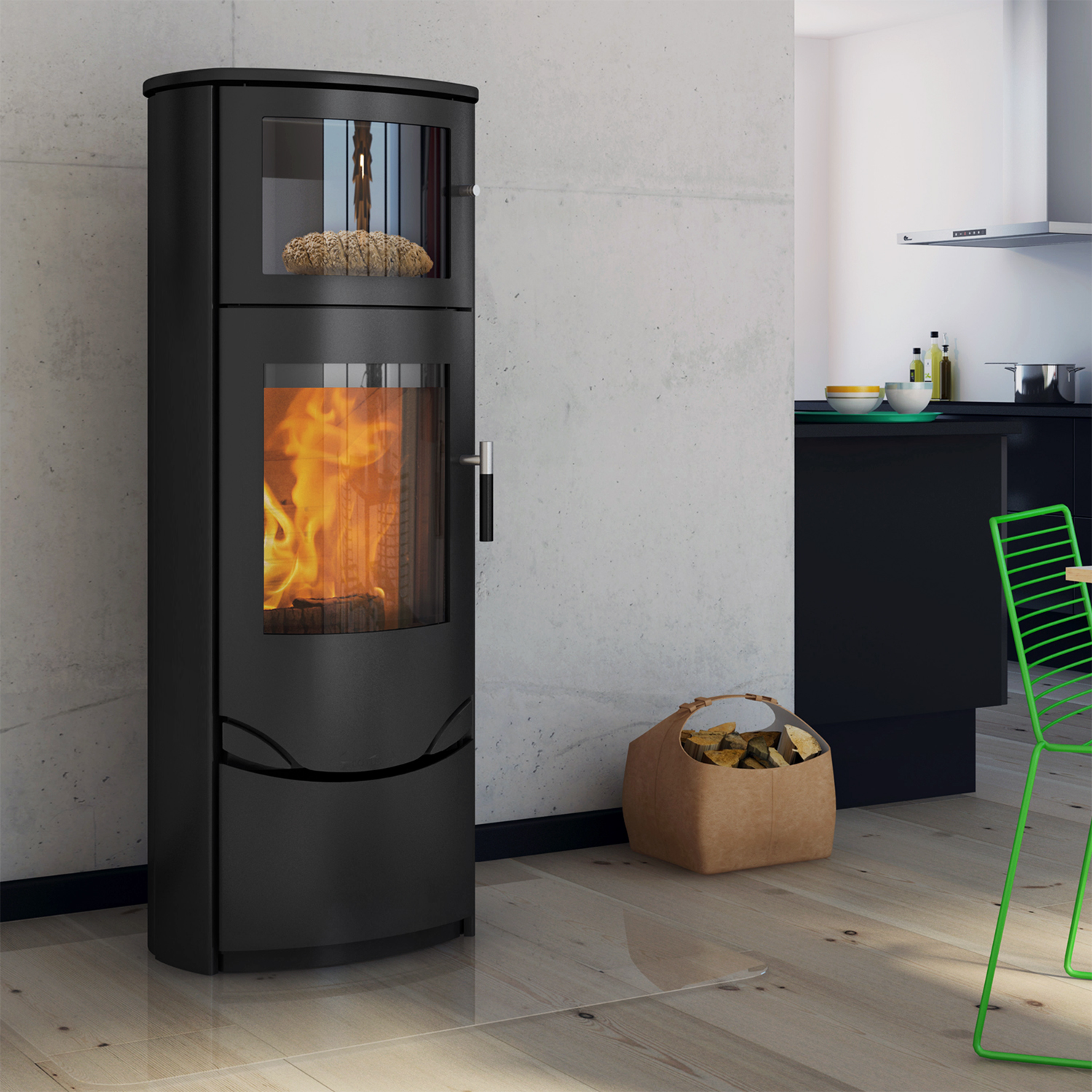 Lotus Prio 7 Kaminofen Schwarz mit Backfach, Rauchabgang hinten