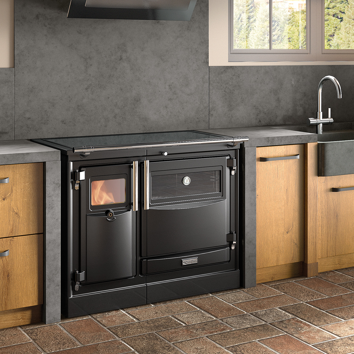 Hergom PAS 100 CC SE wasserführender Küchenofen Gusseisen schwarz, Herdplatte Glaskeramik, RR hinten