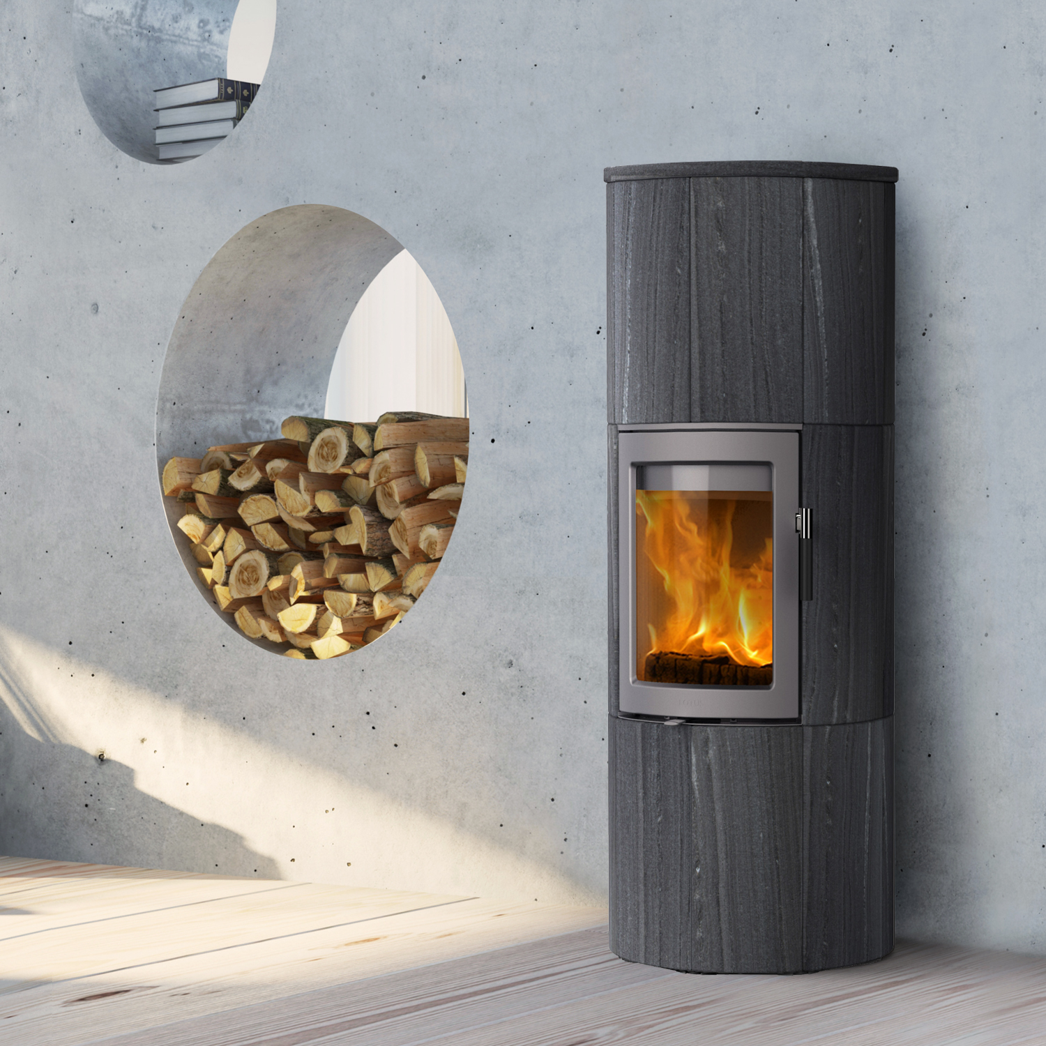 Lotus Maestro 152 Kaminofen Grau/ Indian Night, Rauchabgang hinten