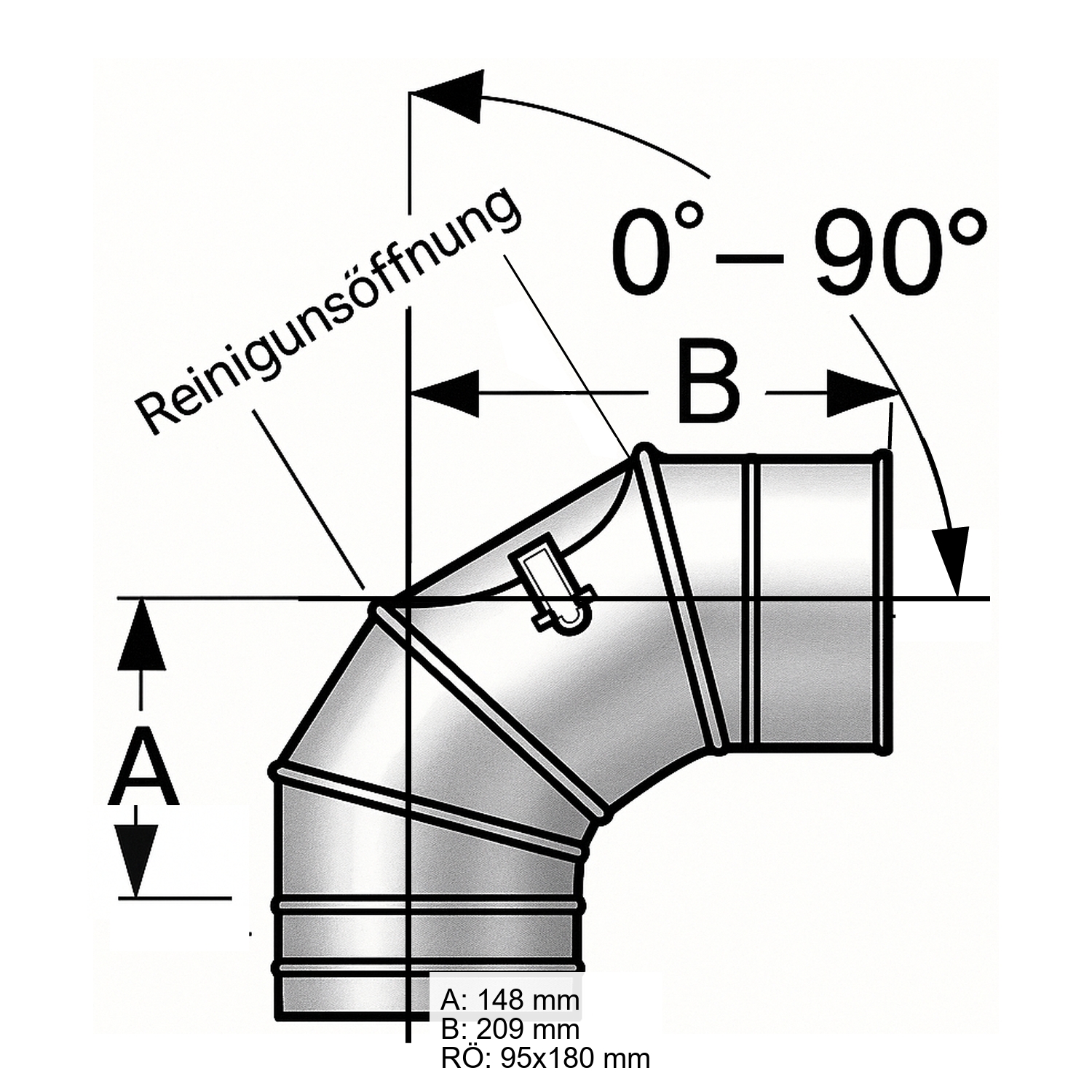 Schiedel PRIMA PLUS Bogen 0-90° drehbar Ø130 mm mit Reinigungsöffnung flach für Festbrennstoffe einwandig matt