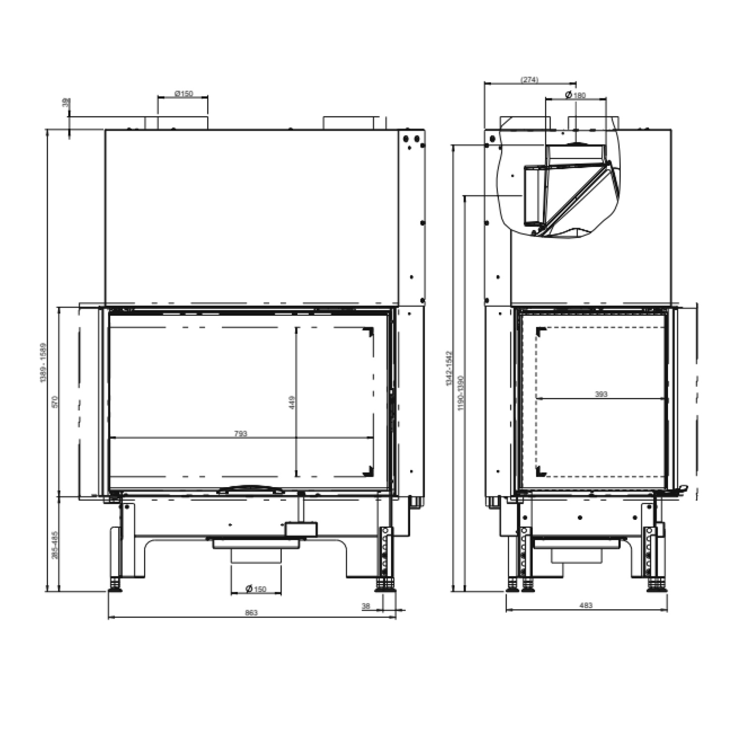 Austroflamm 89x49x57 S 2.0 Kamineinsatz Ecke links Feuerraum Schwarz