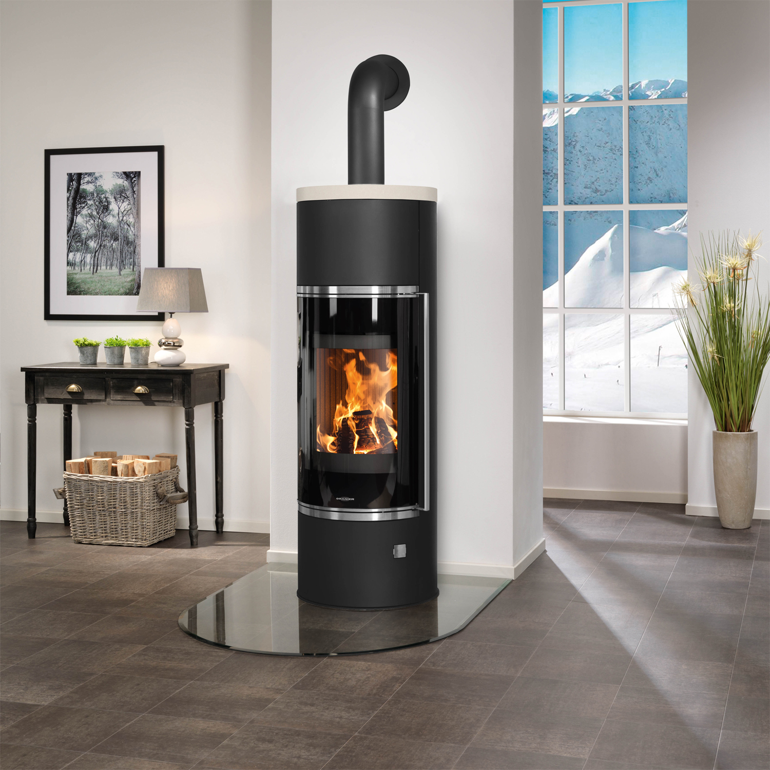 Oranier Arena Aqua 2.0 wasserführender Kaminofen Stahl Schwarz mit Abdeckplatte Kalkstein Cream