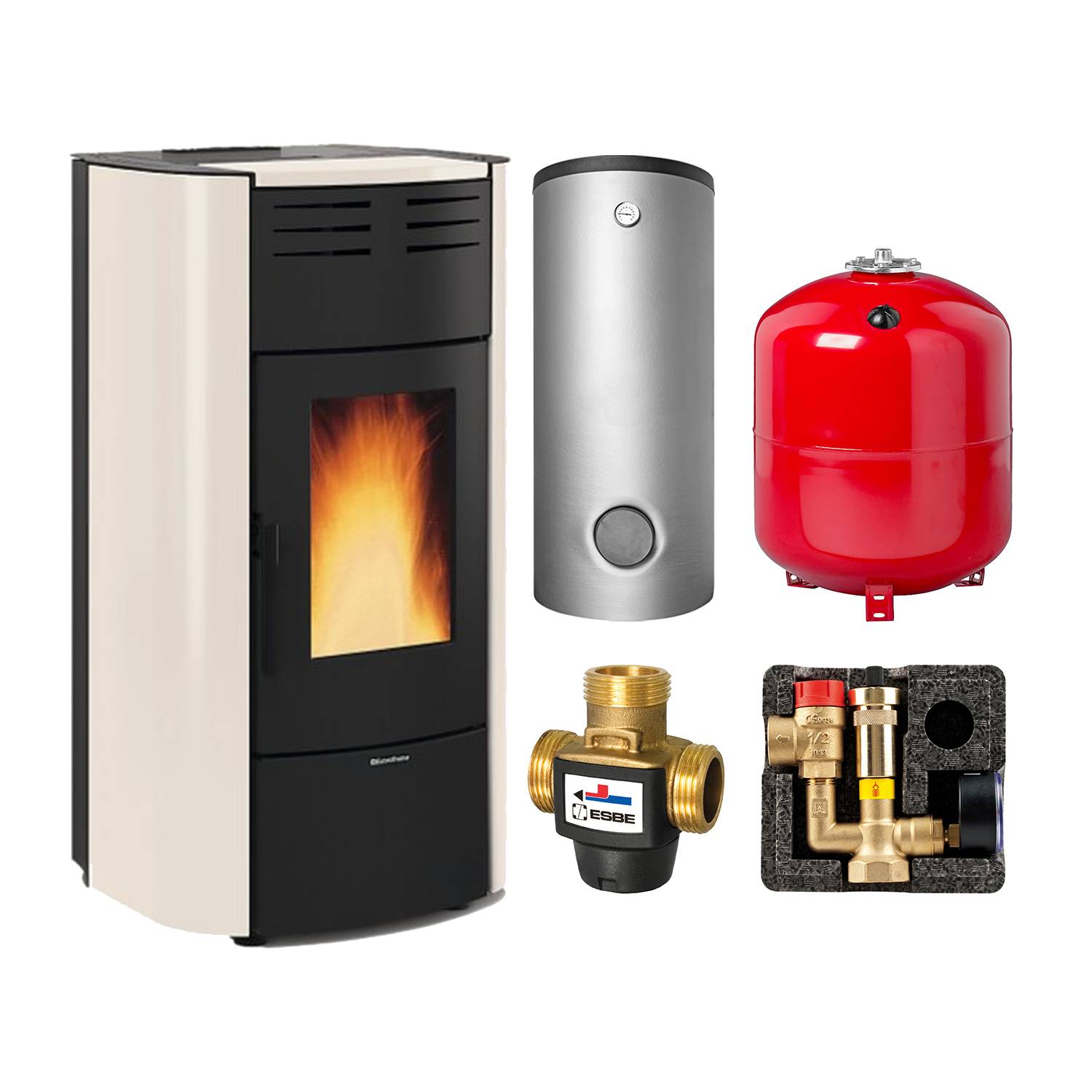 Extraflame Raffaella Idro H18 5.0.16 Wasserführender Pelletofen Stahl AVOR elfenbein - THKE 825 Kombi-Speicher montiert silber 1x WT - Heizungsausdehnungsgefäß 100 L