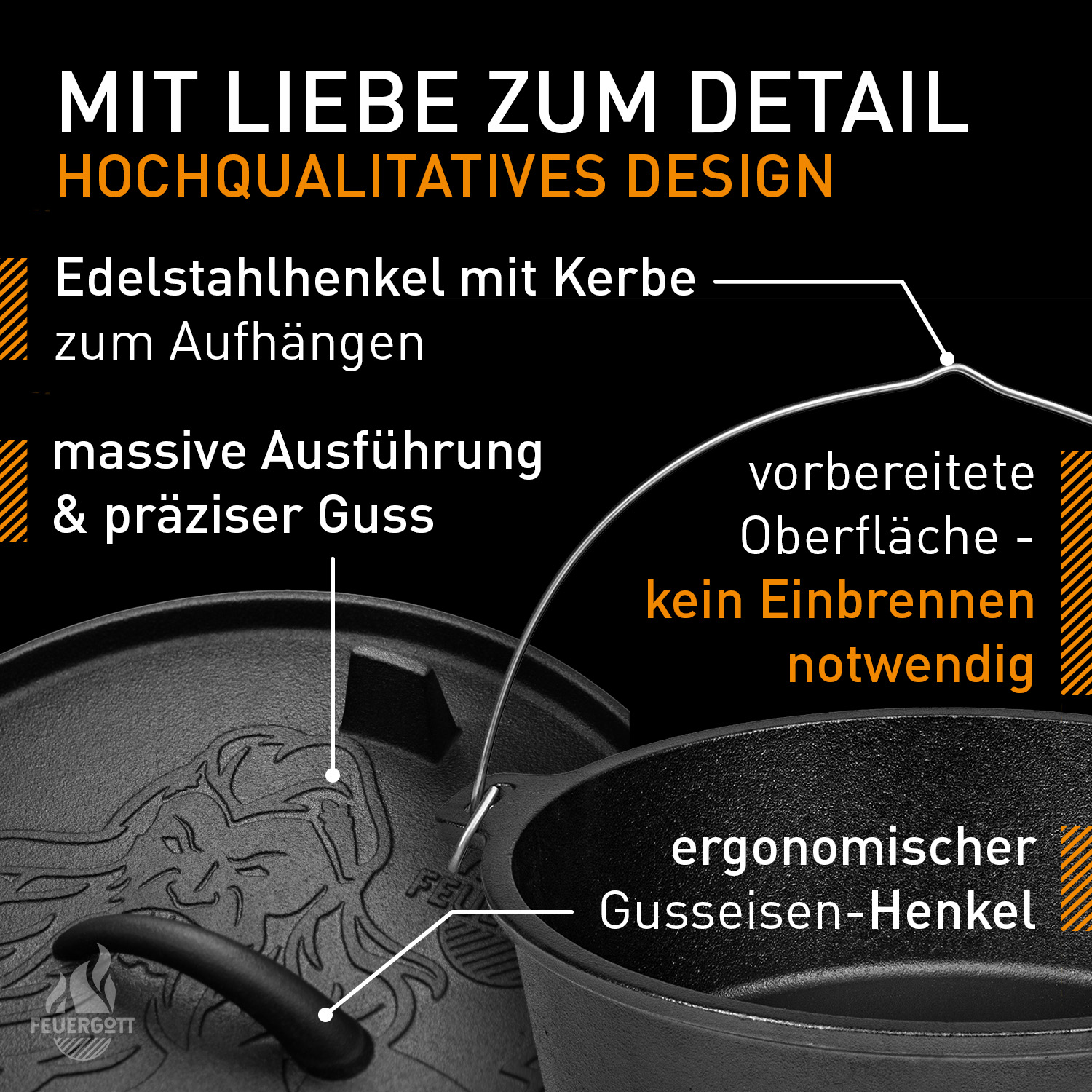 Feuergott Dutch Oven Set 6 l mit Deckelheber Ringreiniger Transporttasche