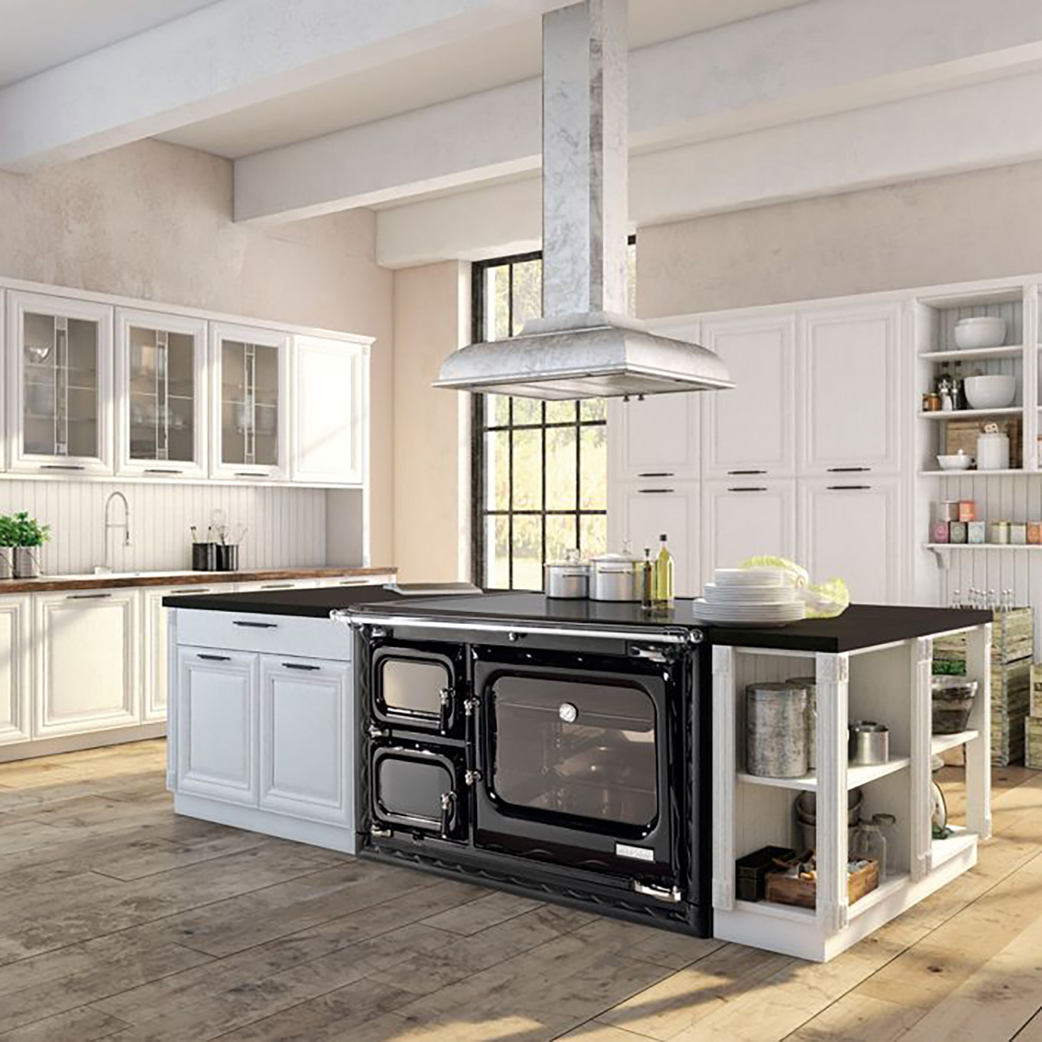 Hergom Deva 100 SE Isla Küchenofen Gusseisen schwarz, Herdplatte Glaskeramik, RR hinten