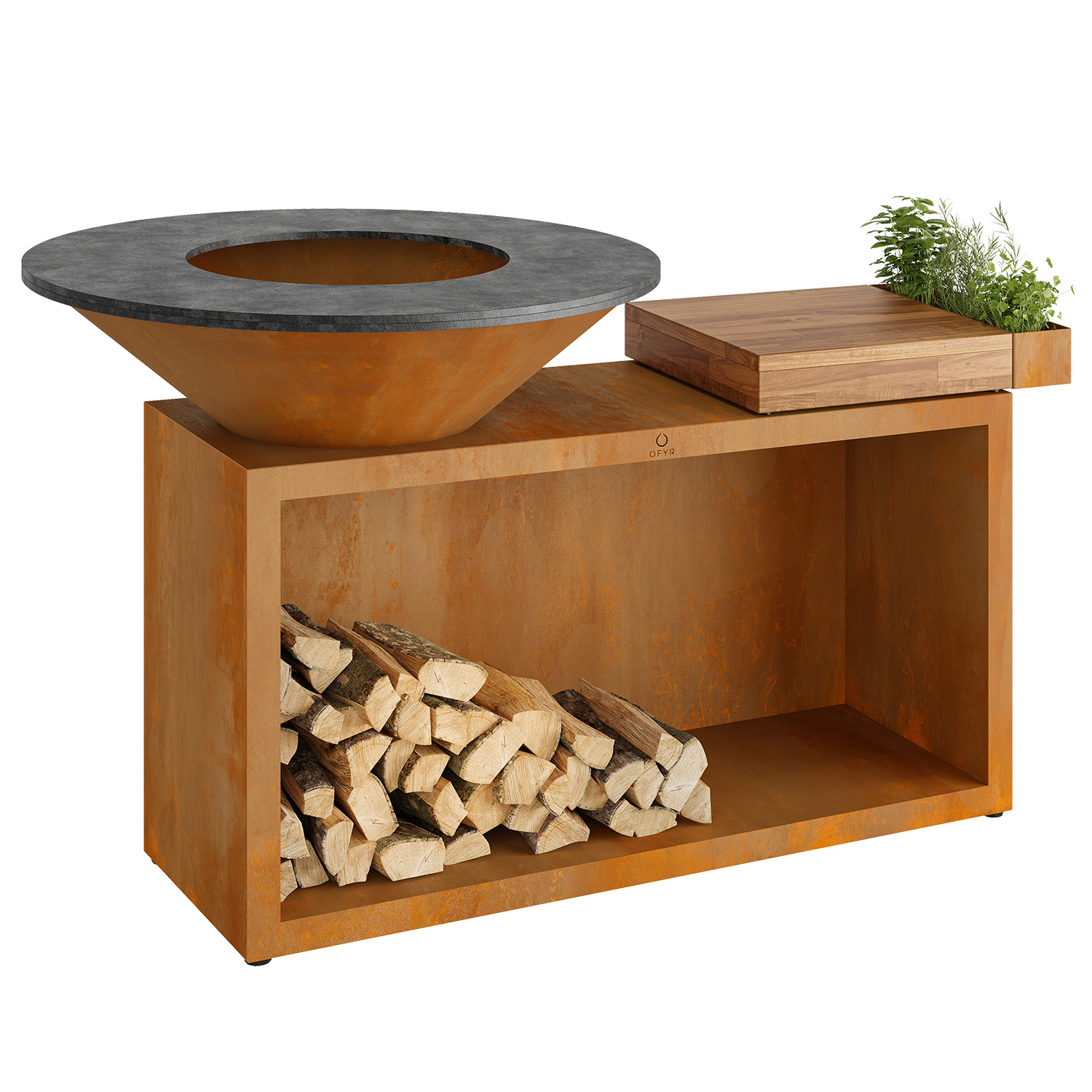 OFYR Island Corten 100 Grill & Feuerstelle mit Arbeitsplatte Teakholz