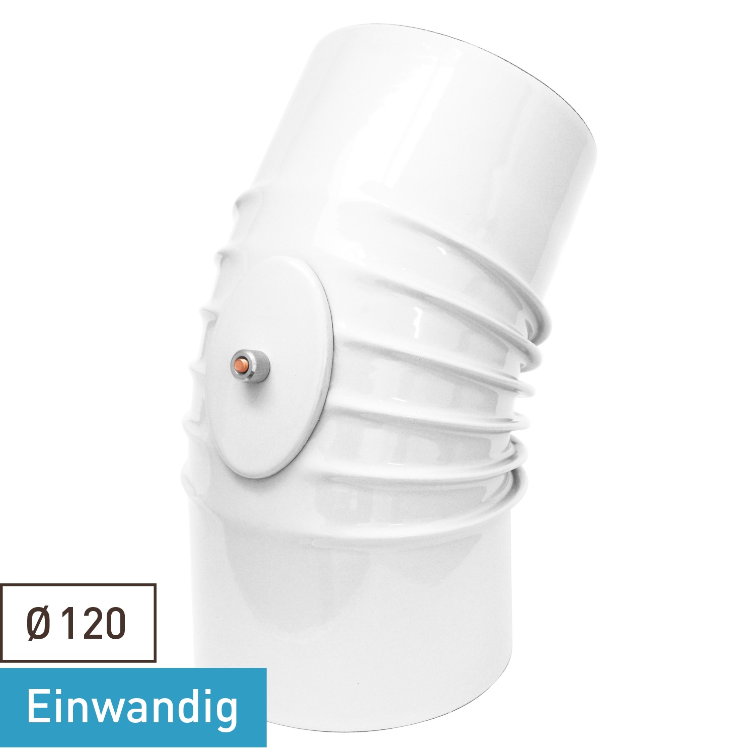 Raik Rauchrohrbogen / Ofenrohrbogen Emaille 120mm - 45° Bogen gerippt Weiß mit Reinigungsöffnung