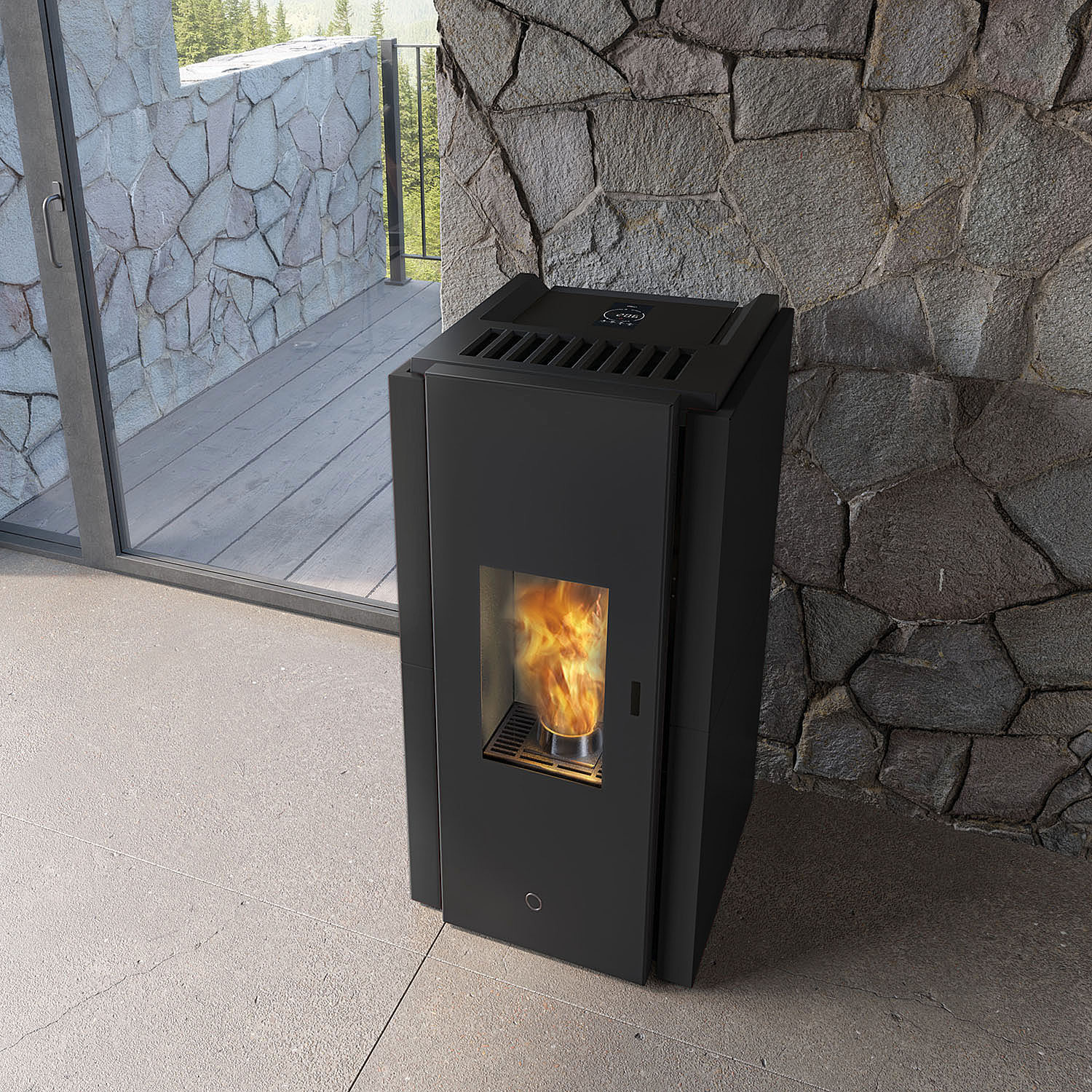 EK63 Zone80 Pelletofen Stahl Mattschwarz Rauchrohr hinten