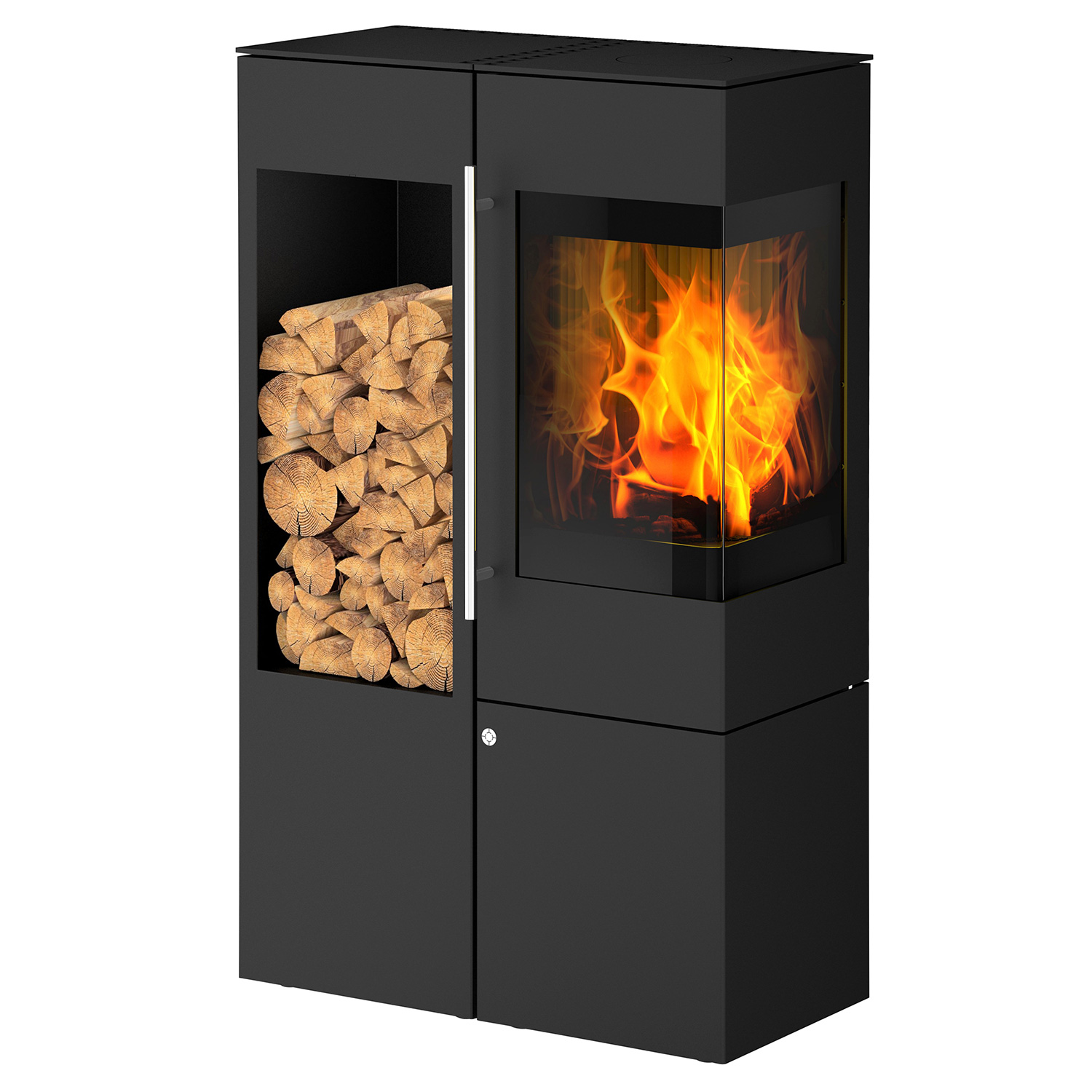 Olsberg Ipala Smart Compact Kaminofen Stahl schwarz, Türanschlag rechts, Stahltür mit Holzregal links