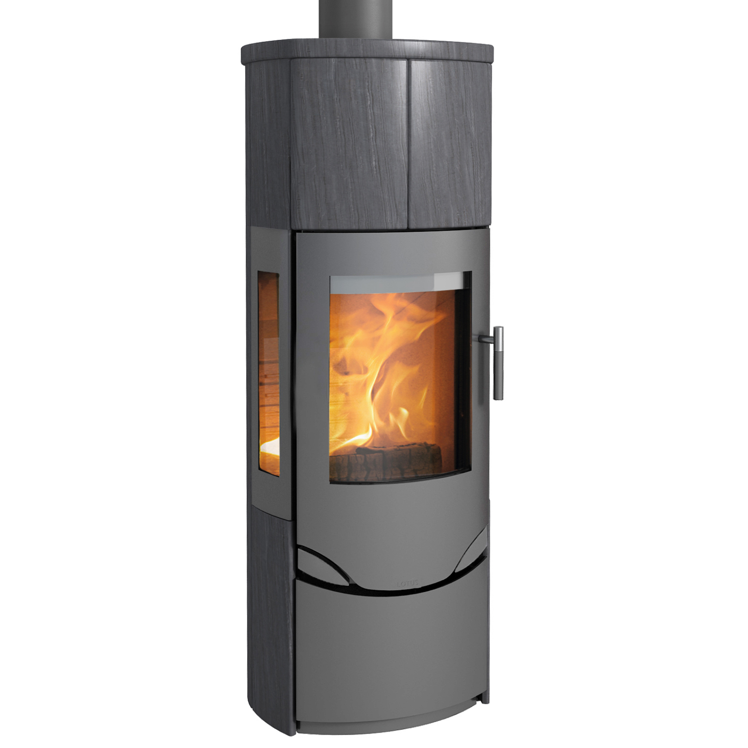 Lotus Prio M Kaminofen Grau / Indian Night / Seitenglas, inkl. PowerStones, RR hinten od. RR oben