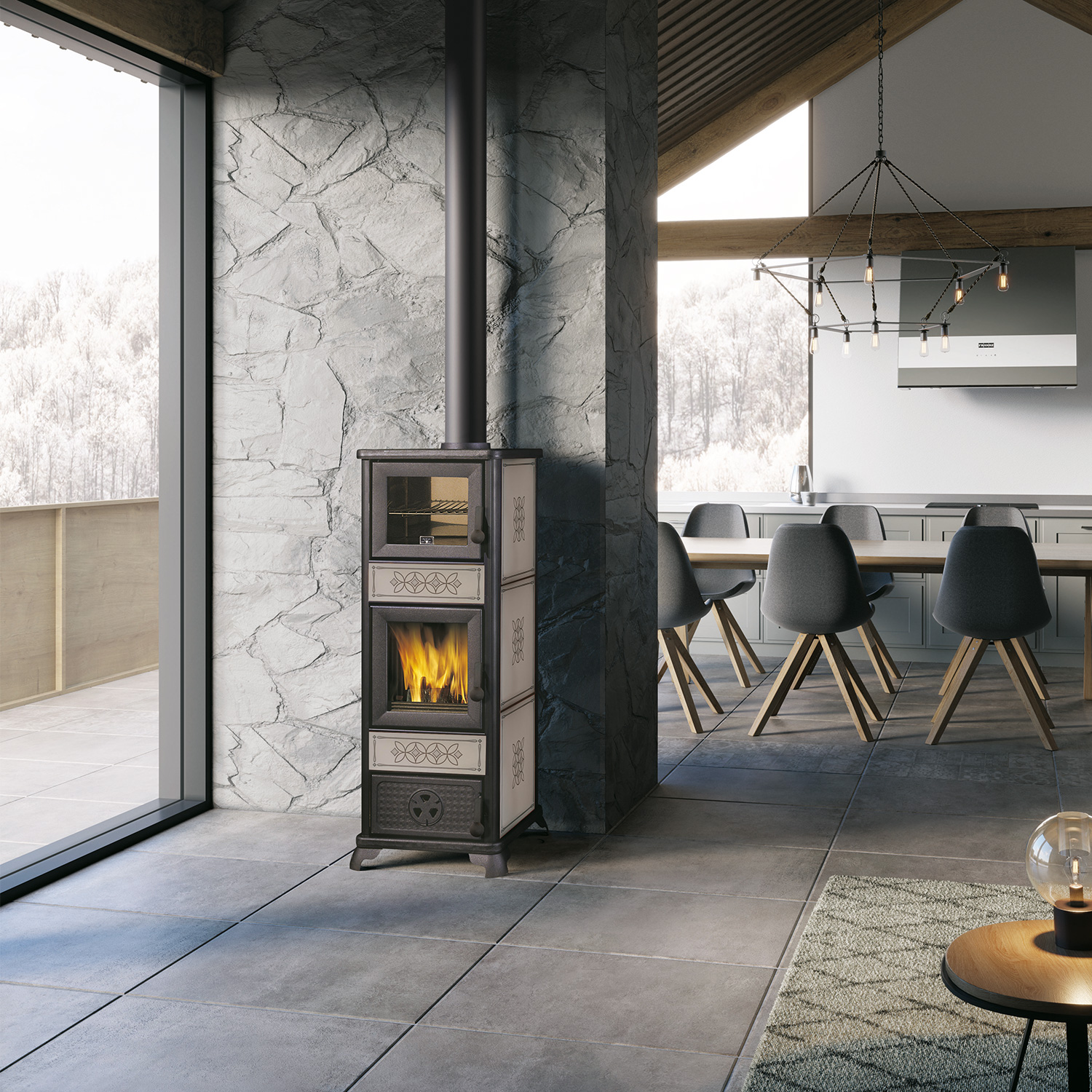 EK63 Decor C Kaminofen Keramik Taubengrau Rauchrohr oben