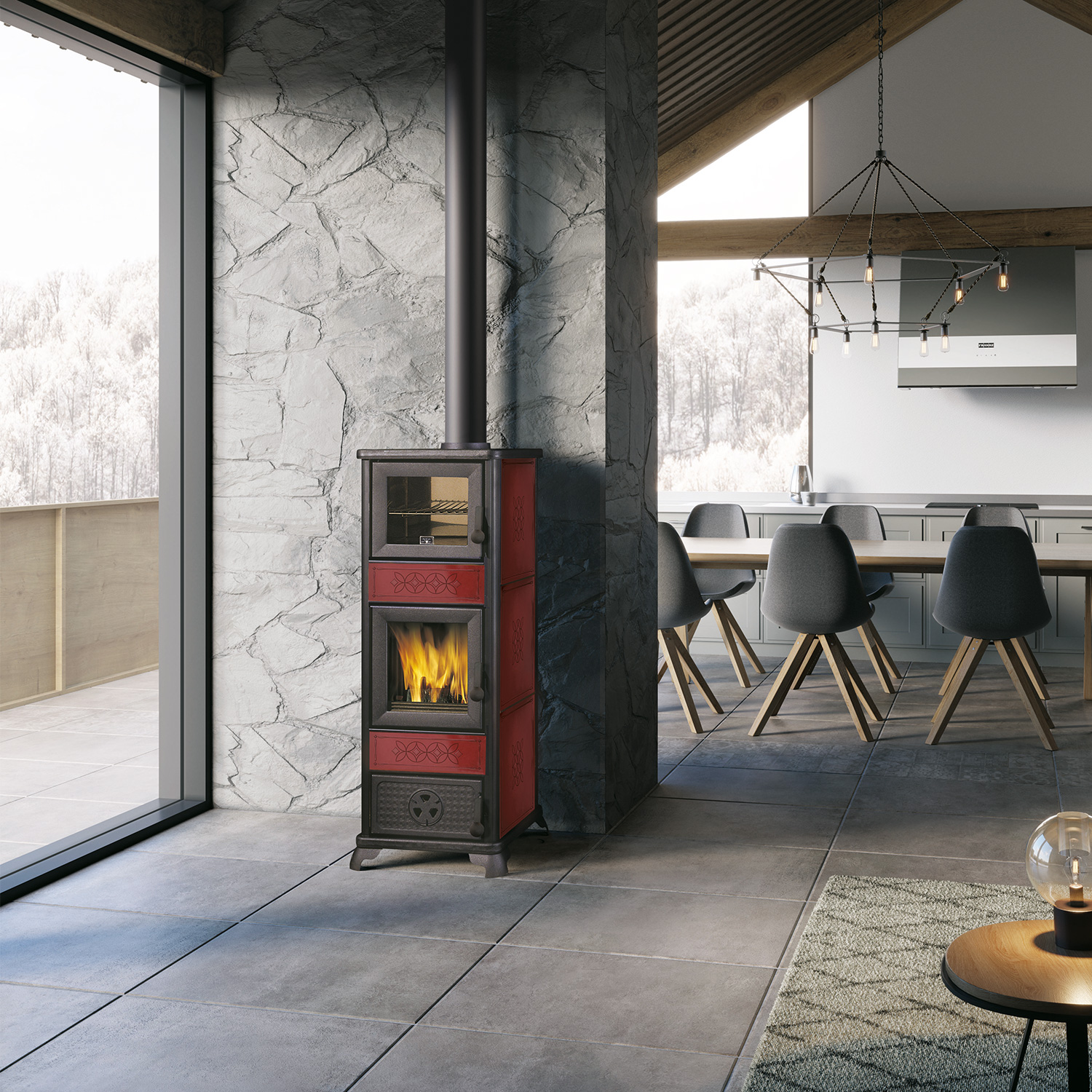 EK63 Decor C Kaminofen Keramik bordeaux Rauchrohr oben