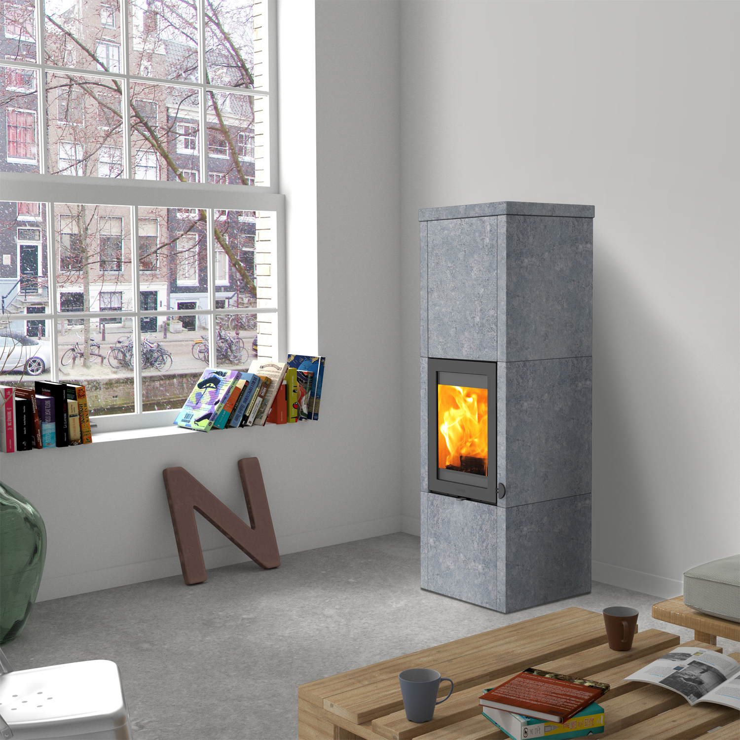 Lotus QM40 Kaminofen Speckstein, Tür Grau, Rauchabgang hinten Lotus QM40 Kaminofen Speckstein, Tür Grau, Rauchabgang hinten