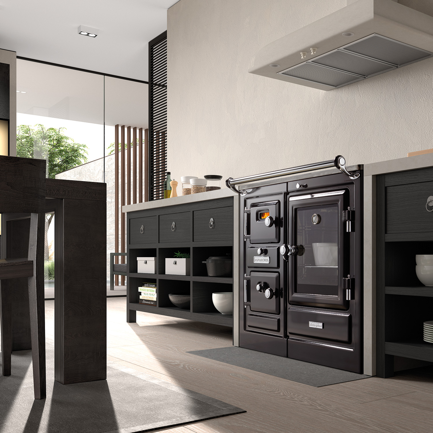 Hergom Saja 7/90 CC SE wasserführender Küchenofen Gusseisen schwarz, Herdplatte Gusseisen, RR hinten