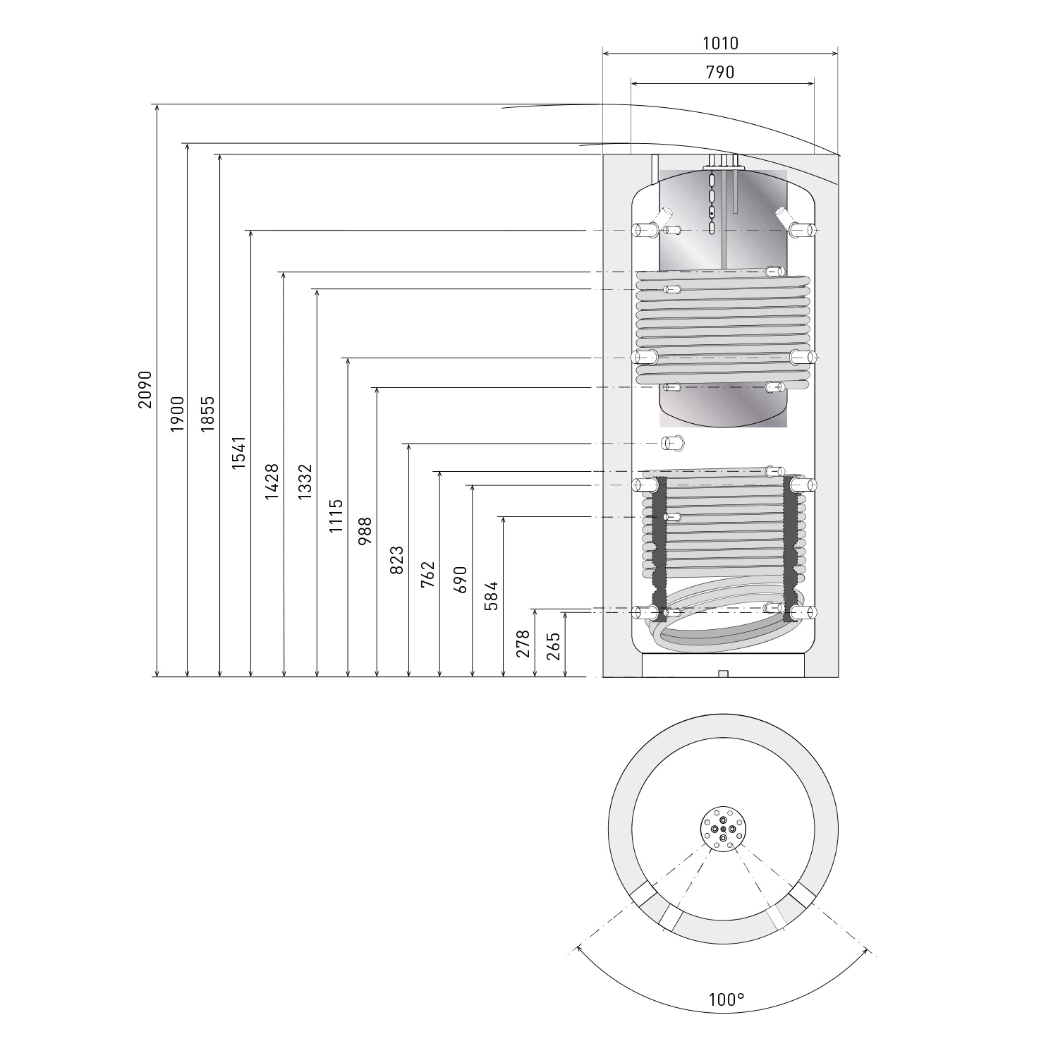 Termoventiler Laddotank Combi 3 800 (805 Liter) Pufferspeicher mit Brauchwasser und 2 Solarwärmetauschern